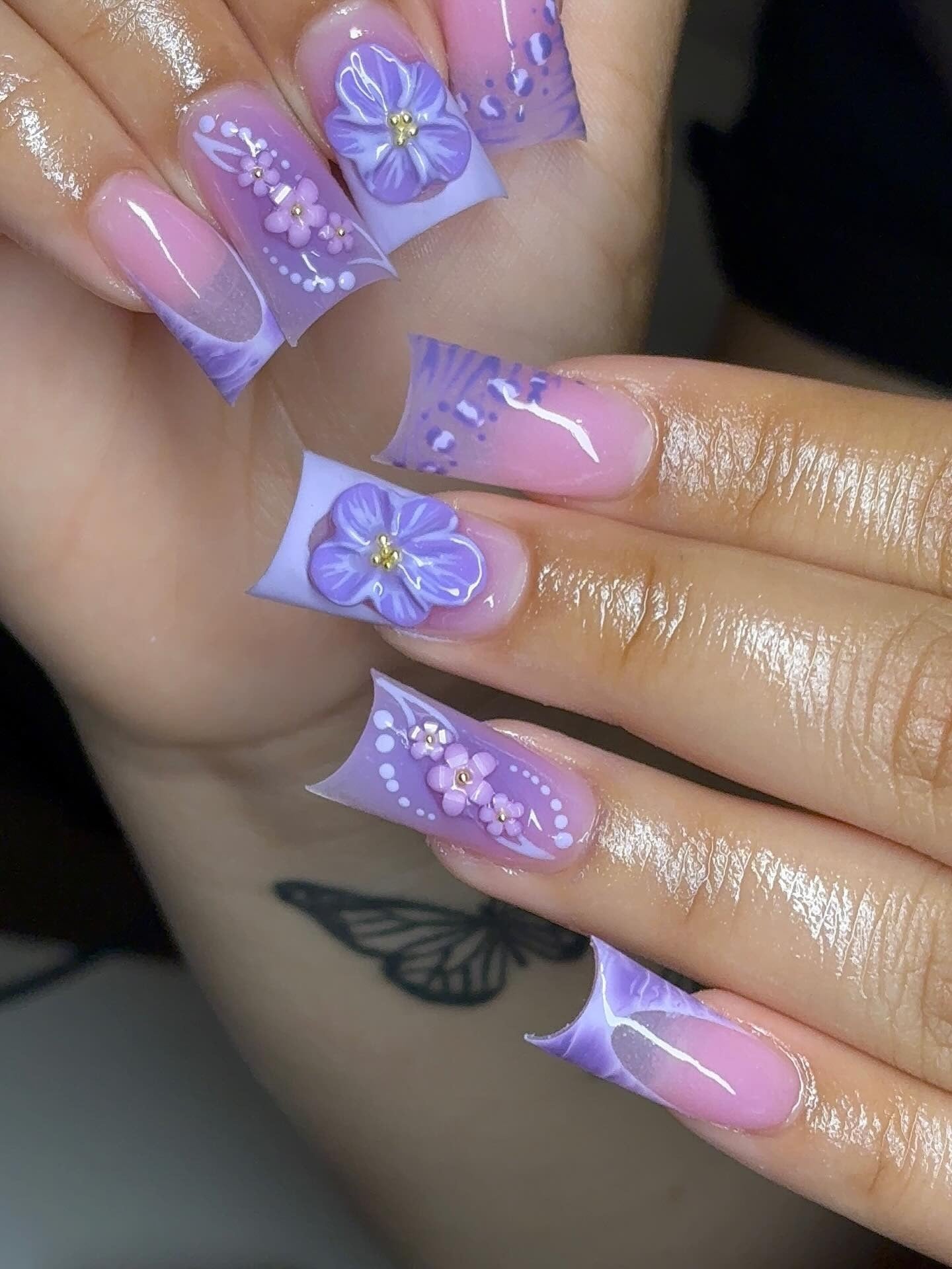 9. Square Lavender Nails with 3D Blossoms (Purple Nail Ideas)