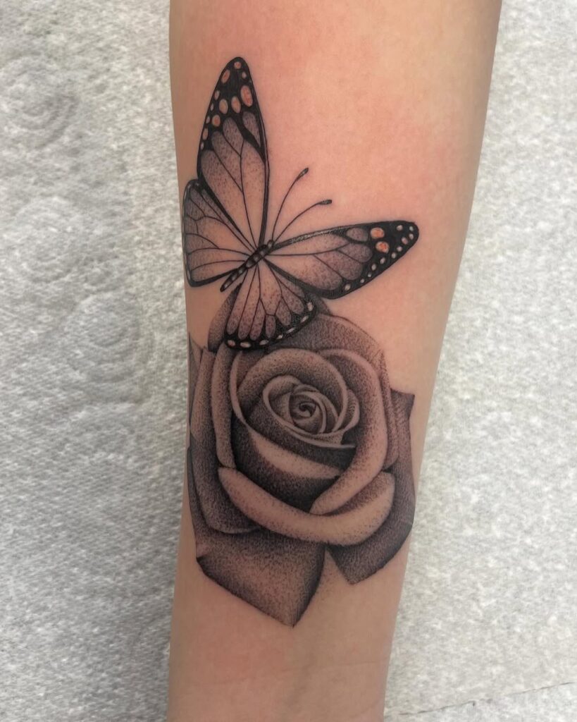 Butterfly And Rose Dotwork Tattoo