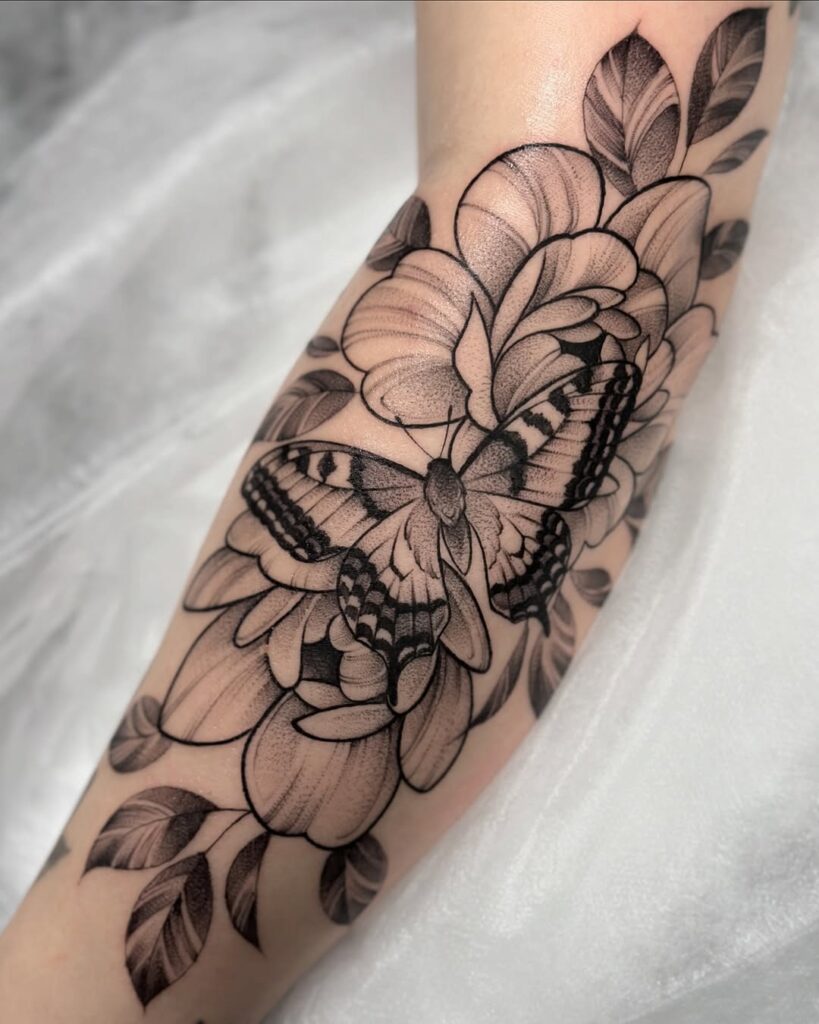 Rose And Butterfly Fine Line Tattoo