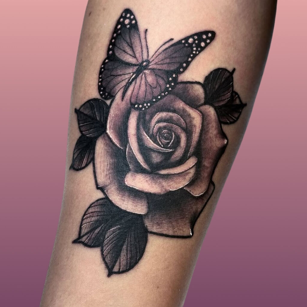 Dark Rose And Butterfly Tattoo