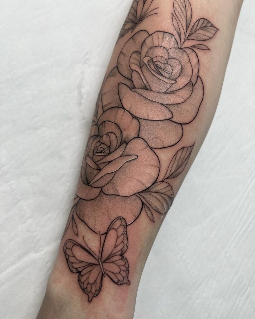 Roses And Butterflies Forearm Tattoo