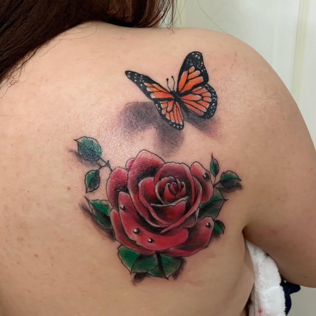 Colorful Rose And Butterfly Tattoo