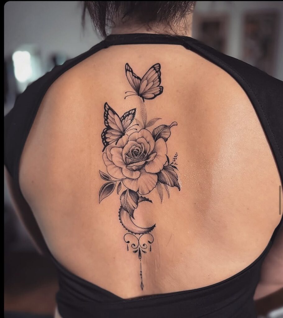 Rose And Butterflies Back Tattoo