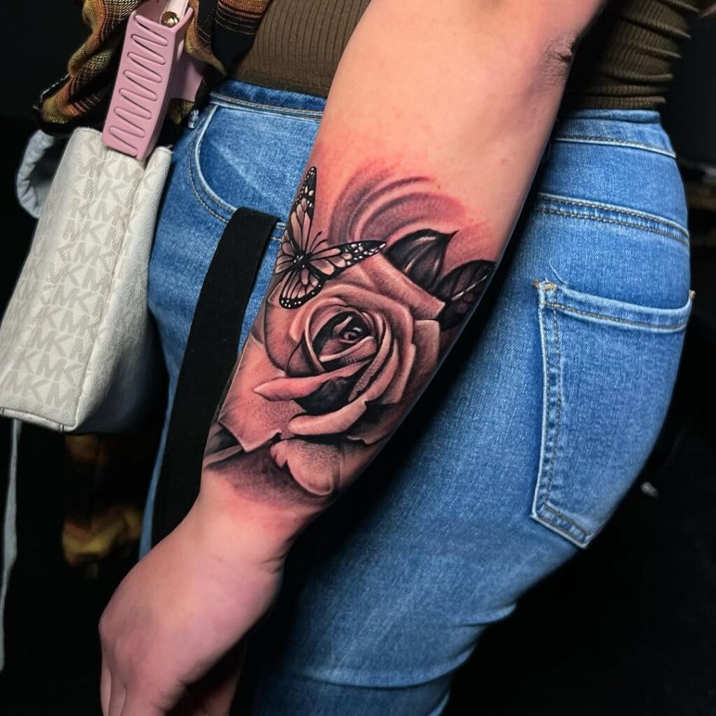 Rose And Butterfly Half-Sleeve Tattoo