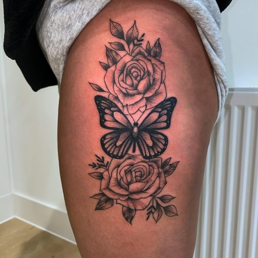 Butterfly And Roses Hip Tattoo