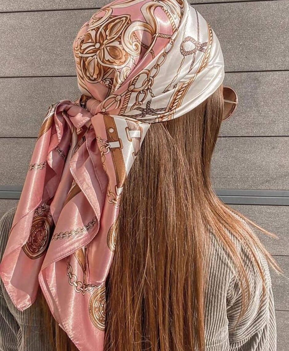 6. Pink Satin Bandana with Sleek Long Hair (Bandana Hairstyles)