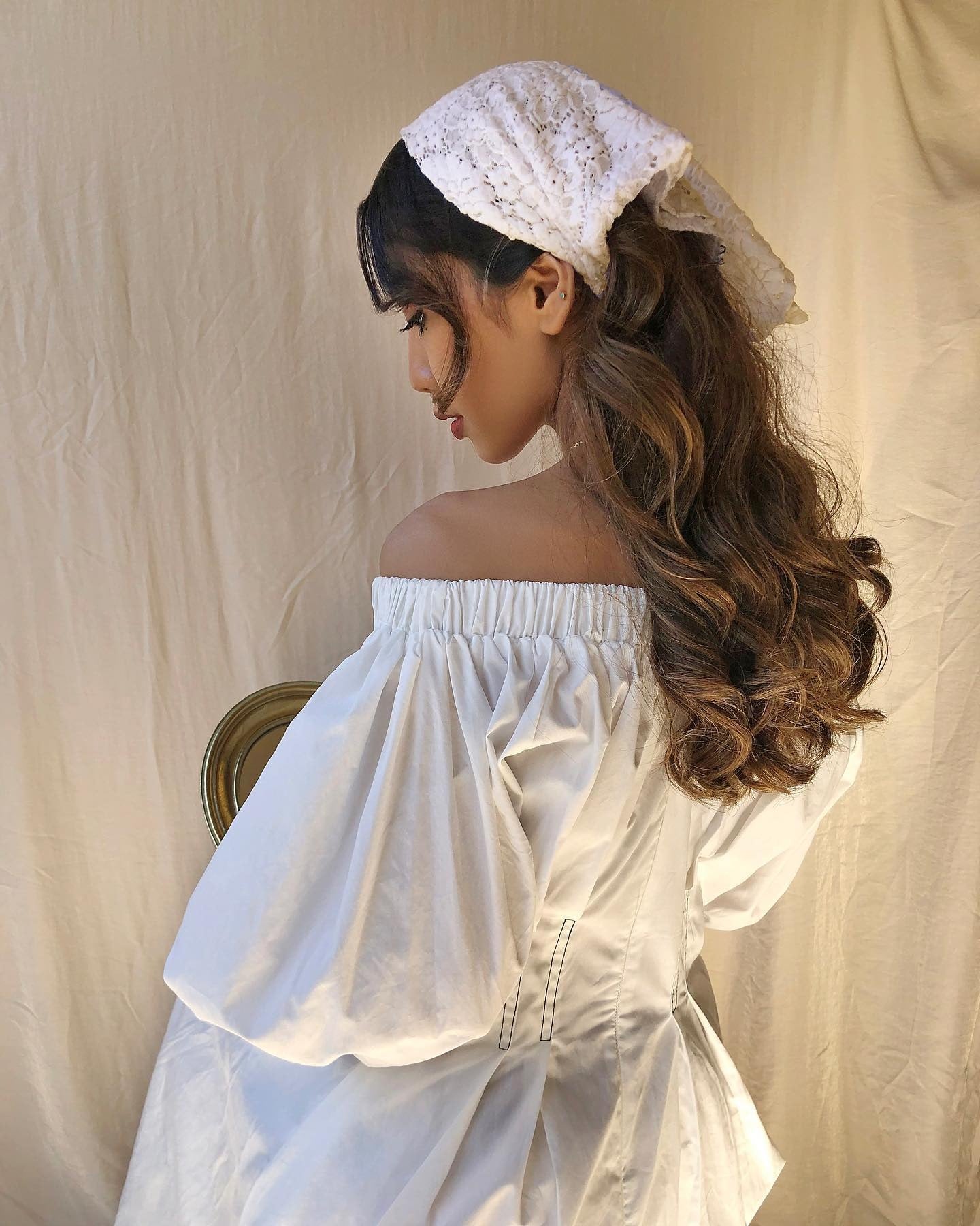 14. White Eyelet Bandana with Long Soft Curls (Bandana Hairstyles)