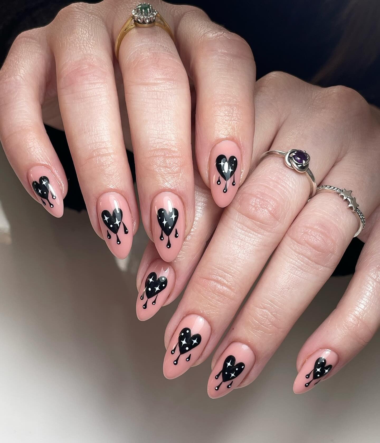 4. Gothic Black Drip Hearts (Heart Nail Ideas)