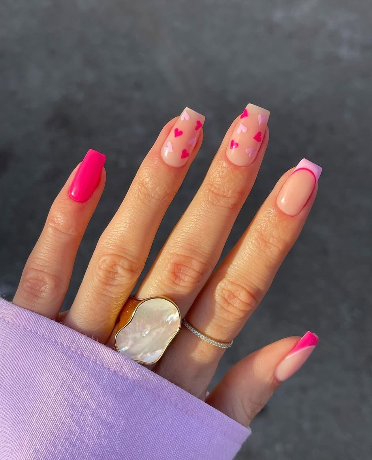 12. Pink Heart Mix with French Accents (Heart Nail Ideas)