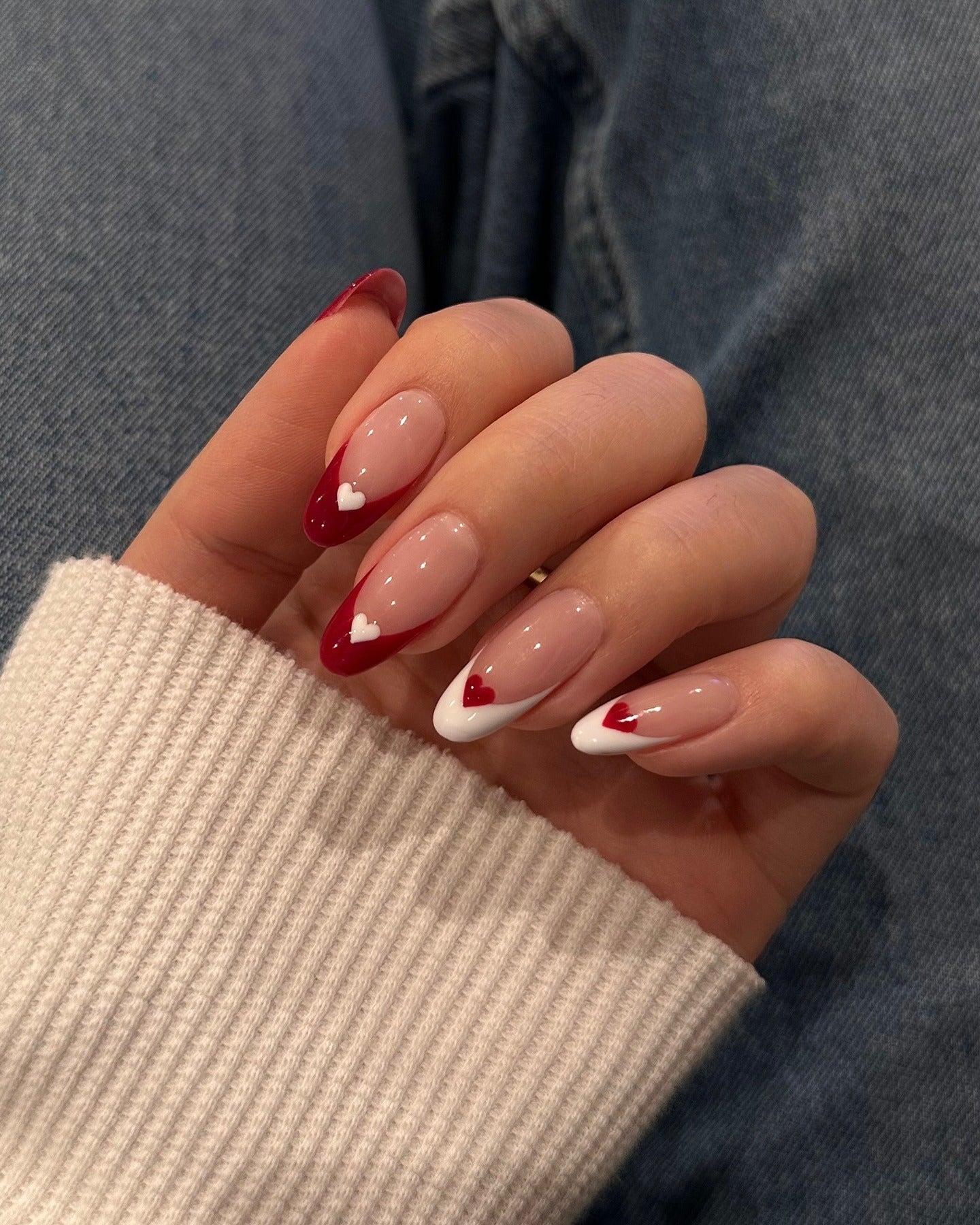 14. Red & White French Hearts (Heart Nail Ideas)