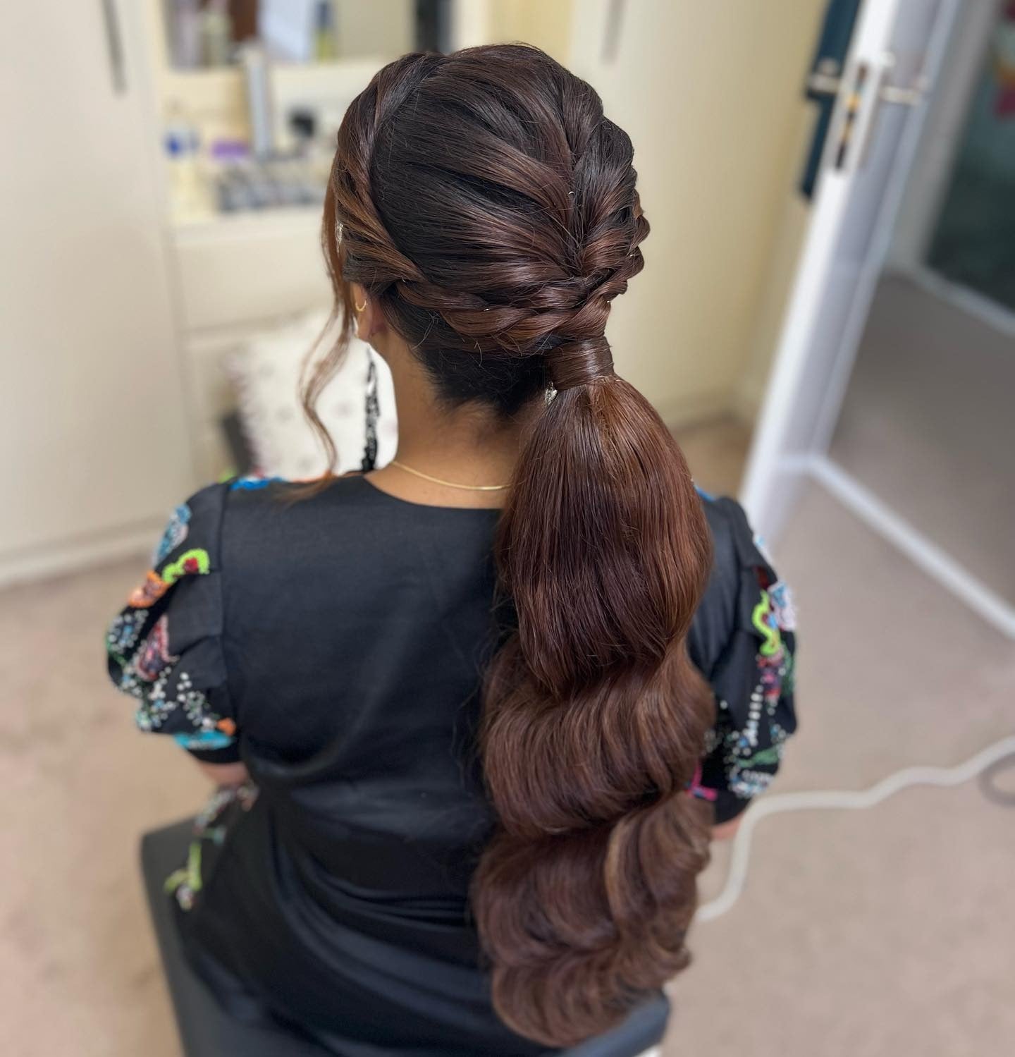 1. Twisted Low Ponytail with Glossy Waves – Chestnut Brown (Ponytail Hairstyles)