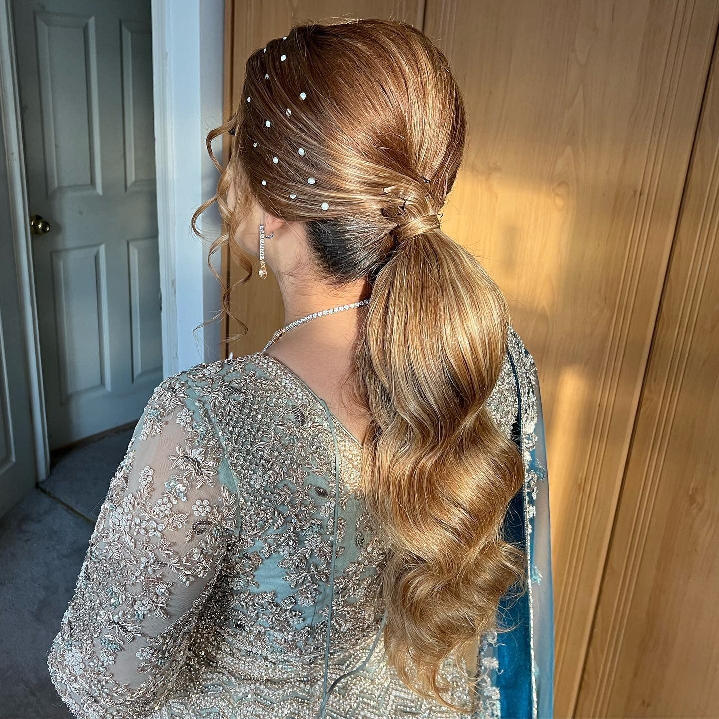 6. Classic Low Ponytail with Pearl Accents – Caramel Blonde (Ponytail Hairstyles)