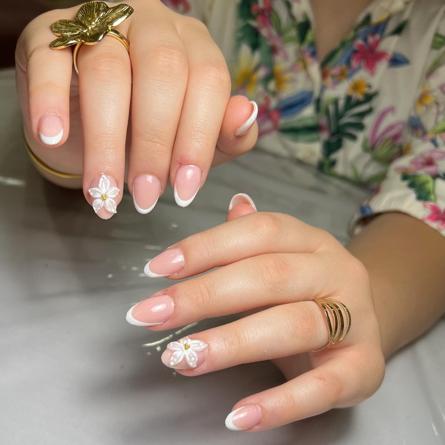 1. 3D Floral Almond French (French Nail Ideas)