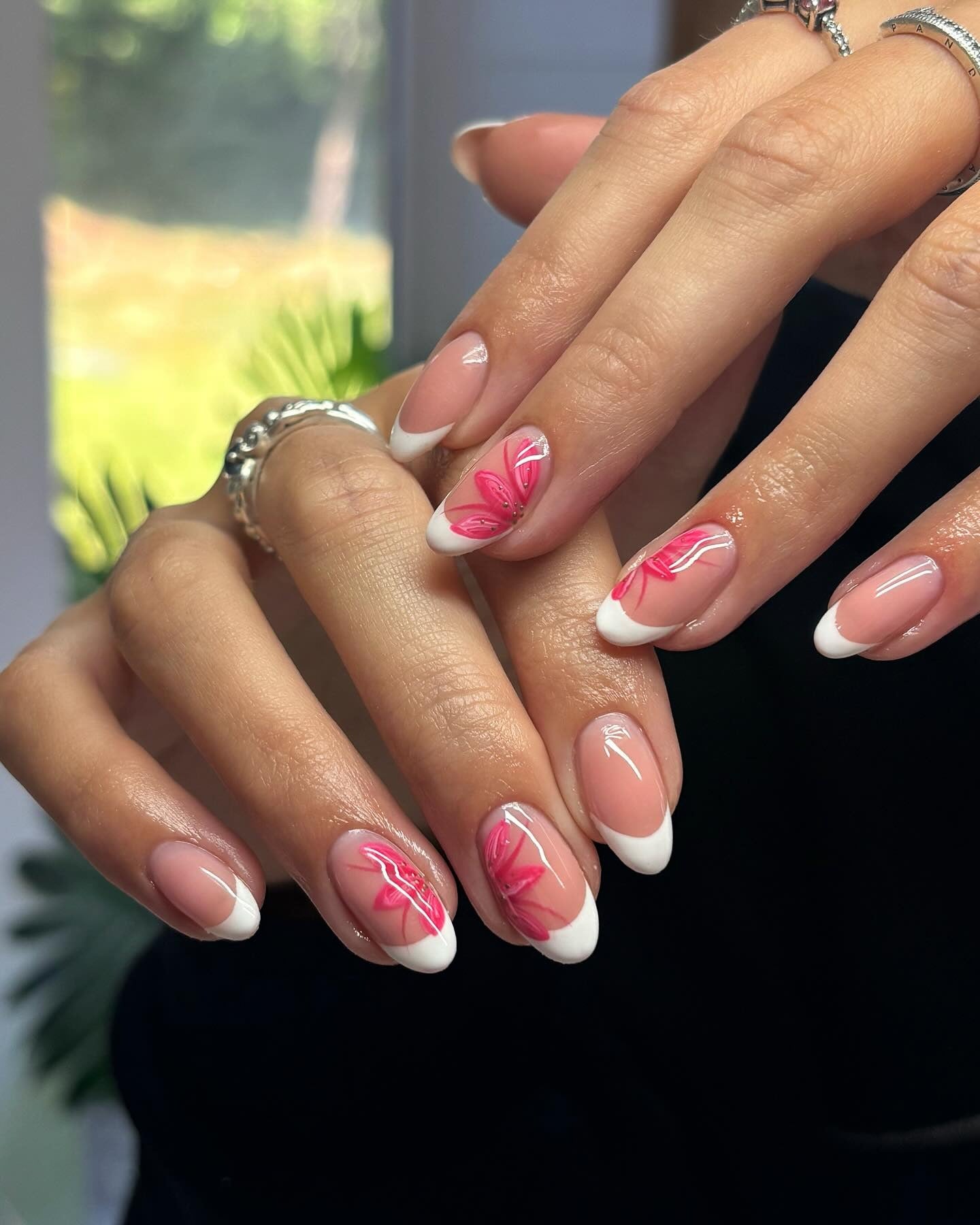 6. Pink Floral Accent French (French Nail Ideas)