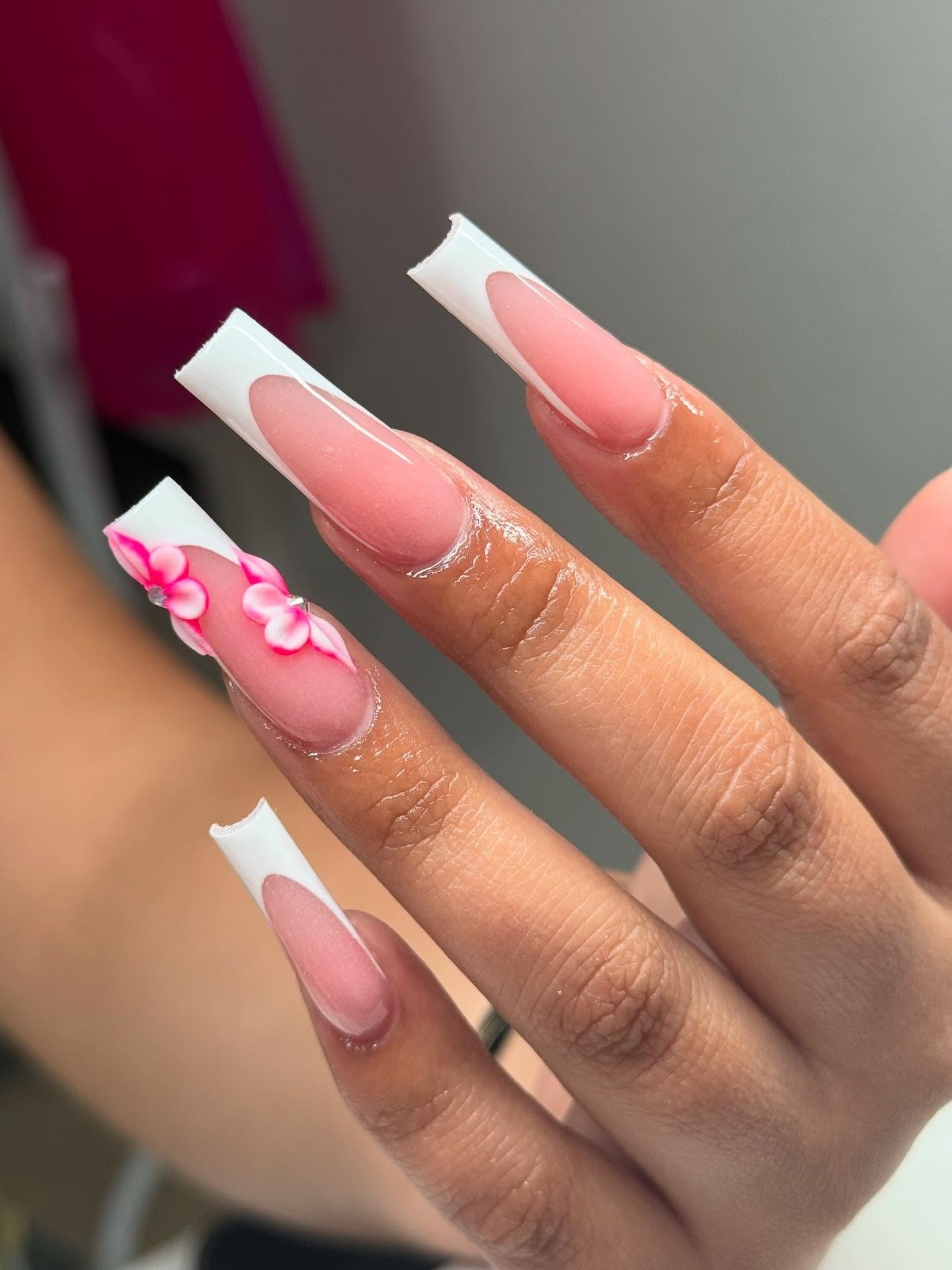 3. Modern French with Pink 3D Florals (White Tip Nail Ideas)