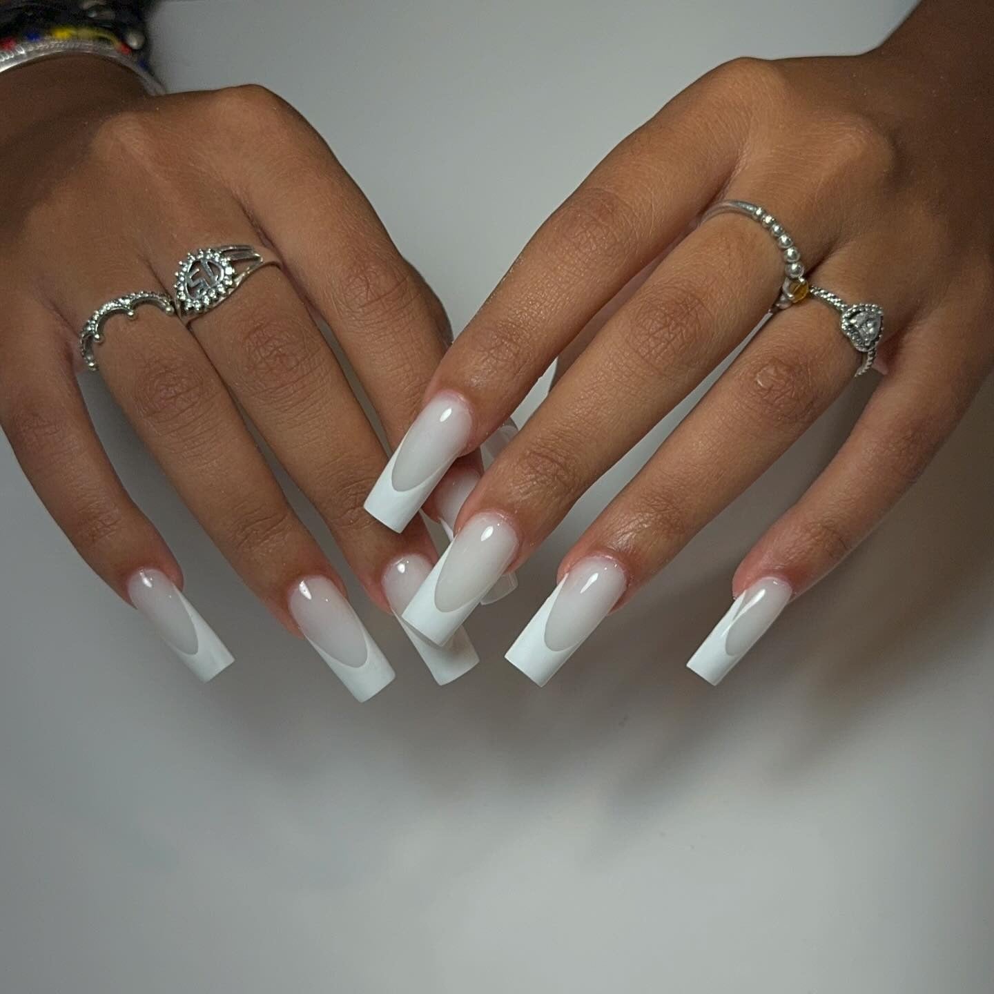 10. Milky White Ombre French on Square Nails (White Tip Nail Ideas)