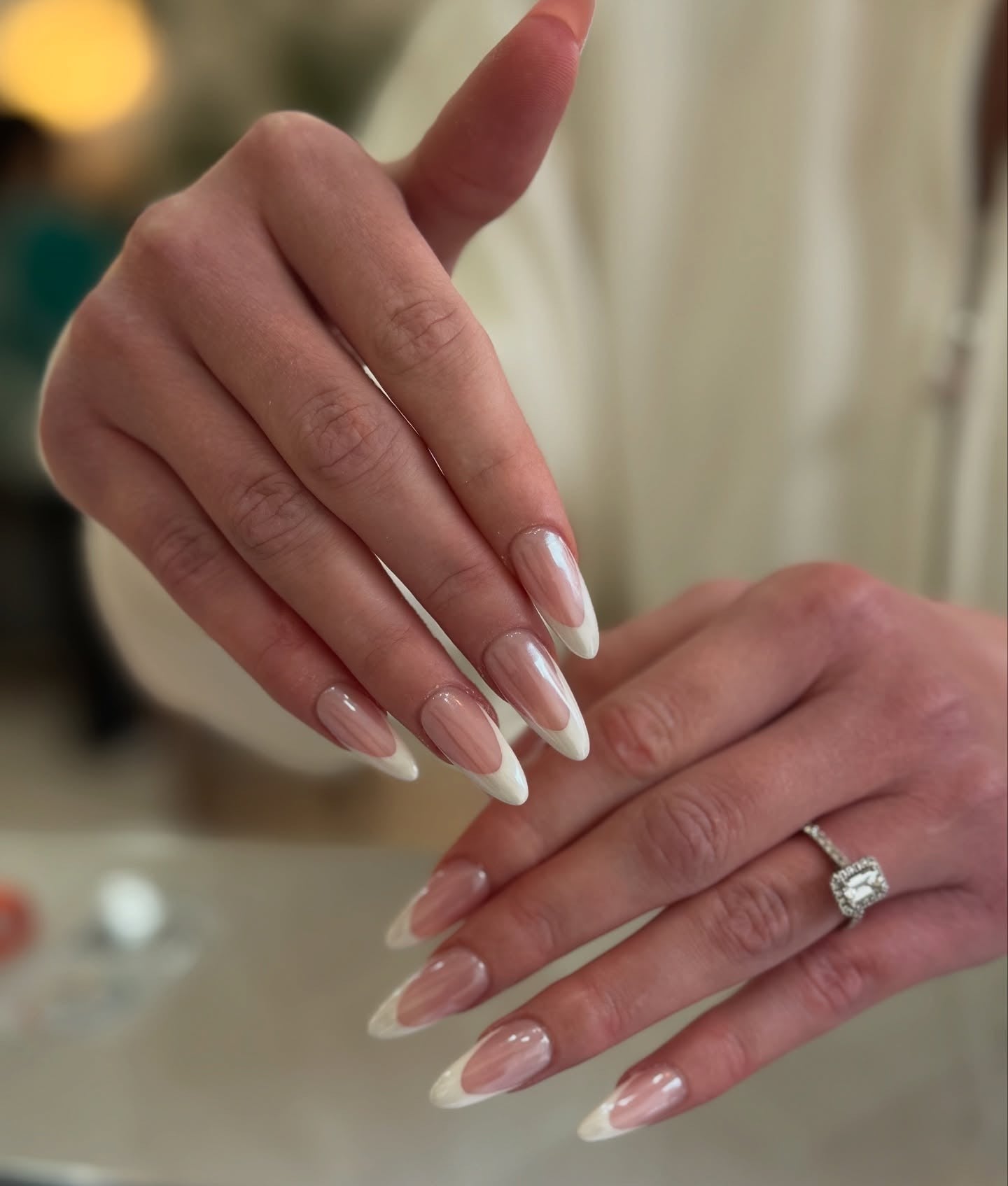 13. Elongated French with Natural Base (White Tip Nail Ideas)