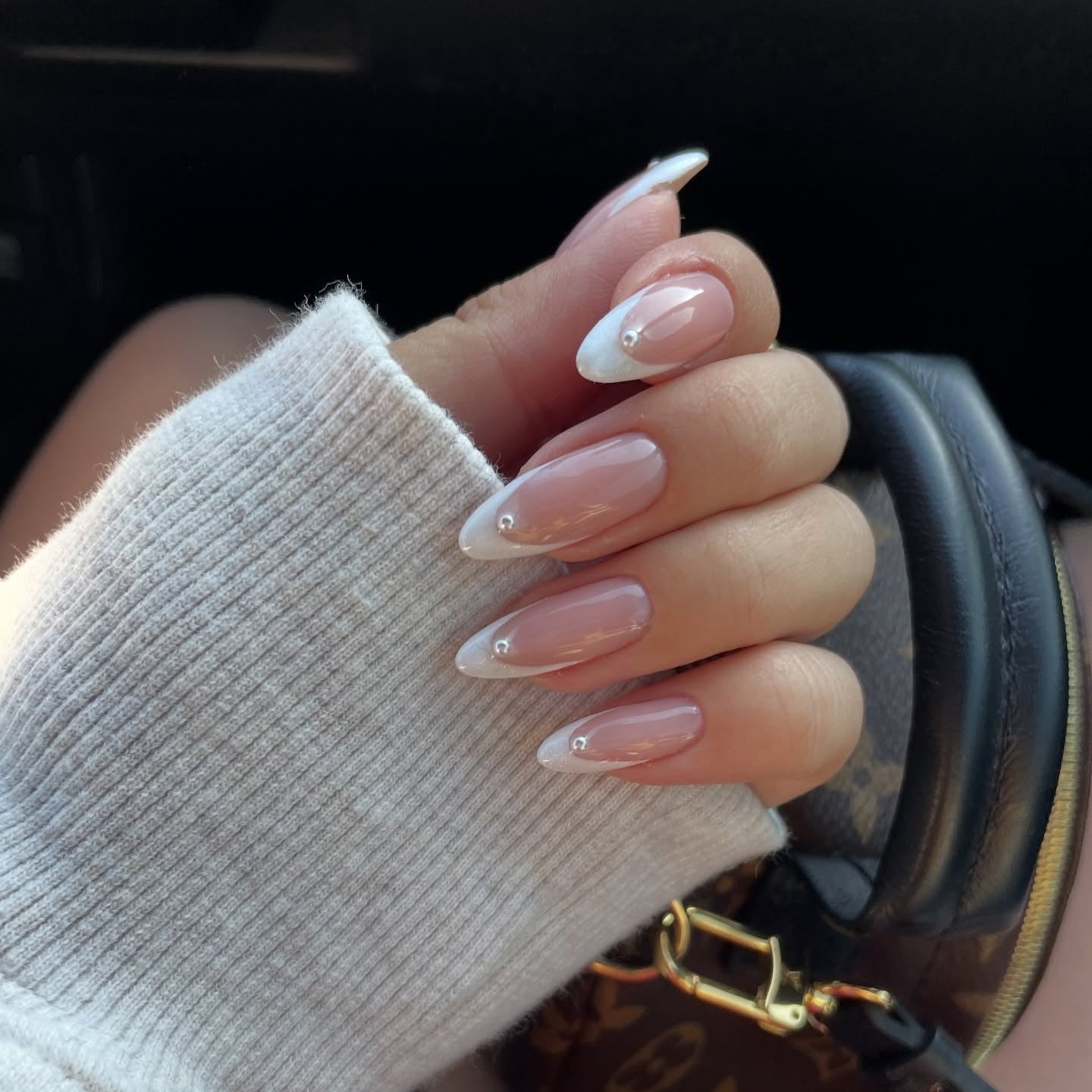 14. Almond French with Minimal Crystal Accents (White Tip Nail Ideas)