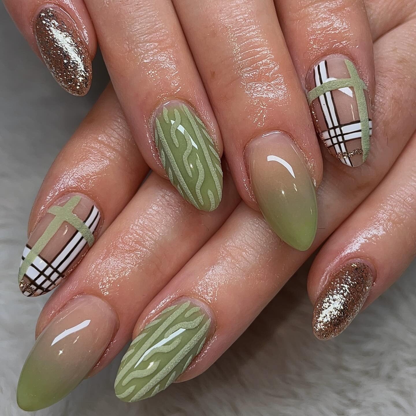 2. Olive Knit Plaid Nails (Winter Nail Ideas)