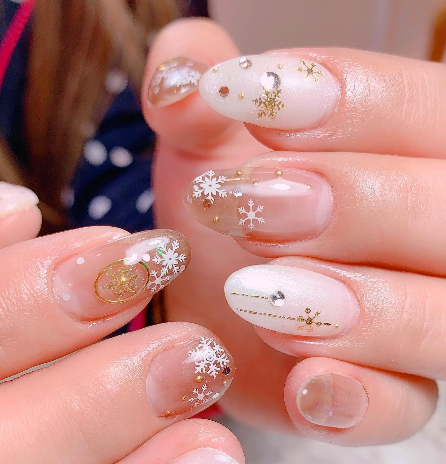 7. Golden Snowflake Glass Nails (Winter Nail Ideas)