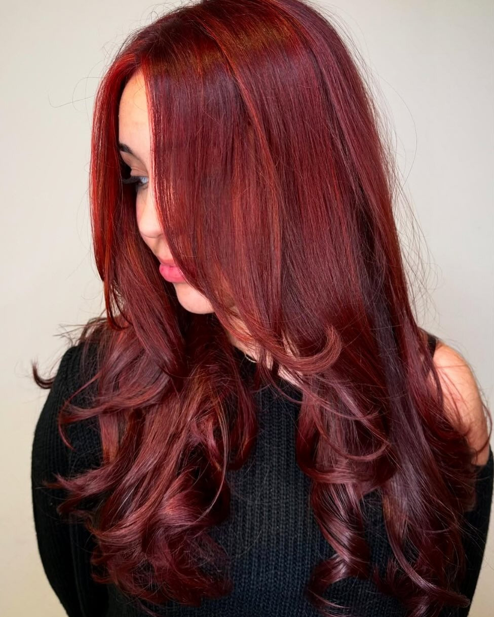 3. Layered Blowout in Rich Mahogany Red (Red Hair Color)