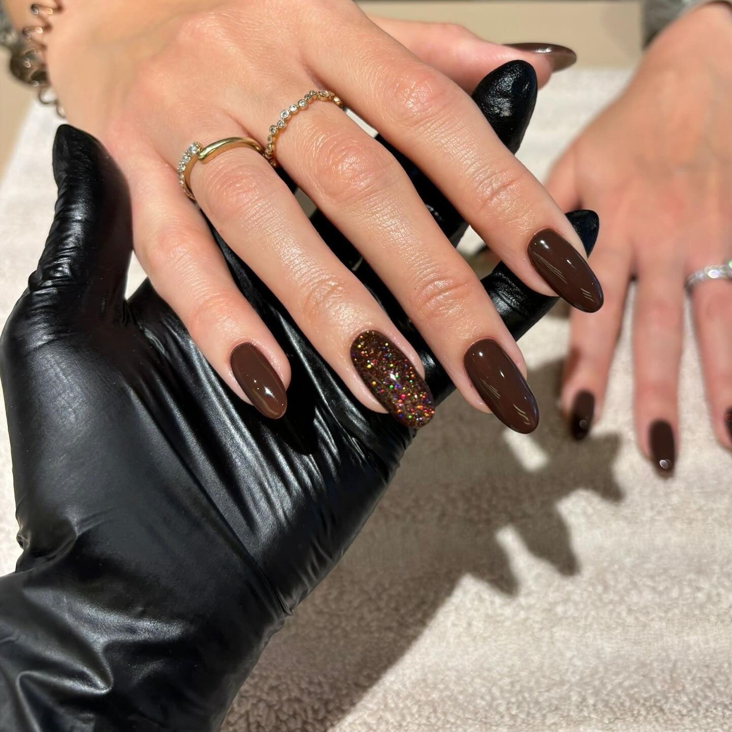4. Espresso Nails with Glitter Accent (Brown Nail Ideas)
