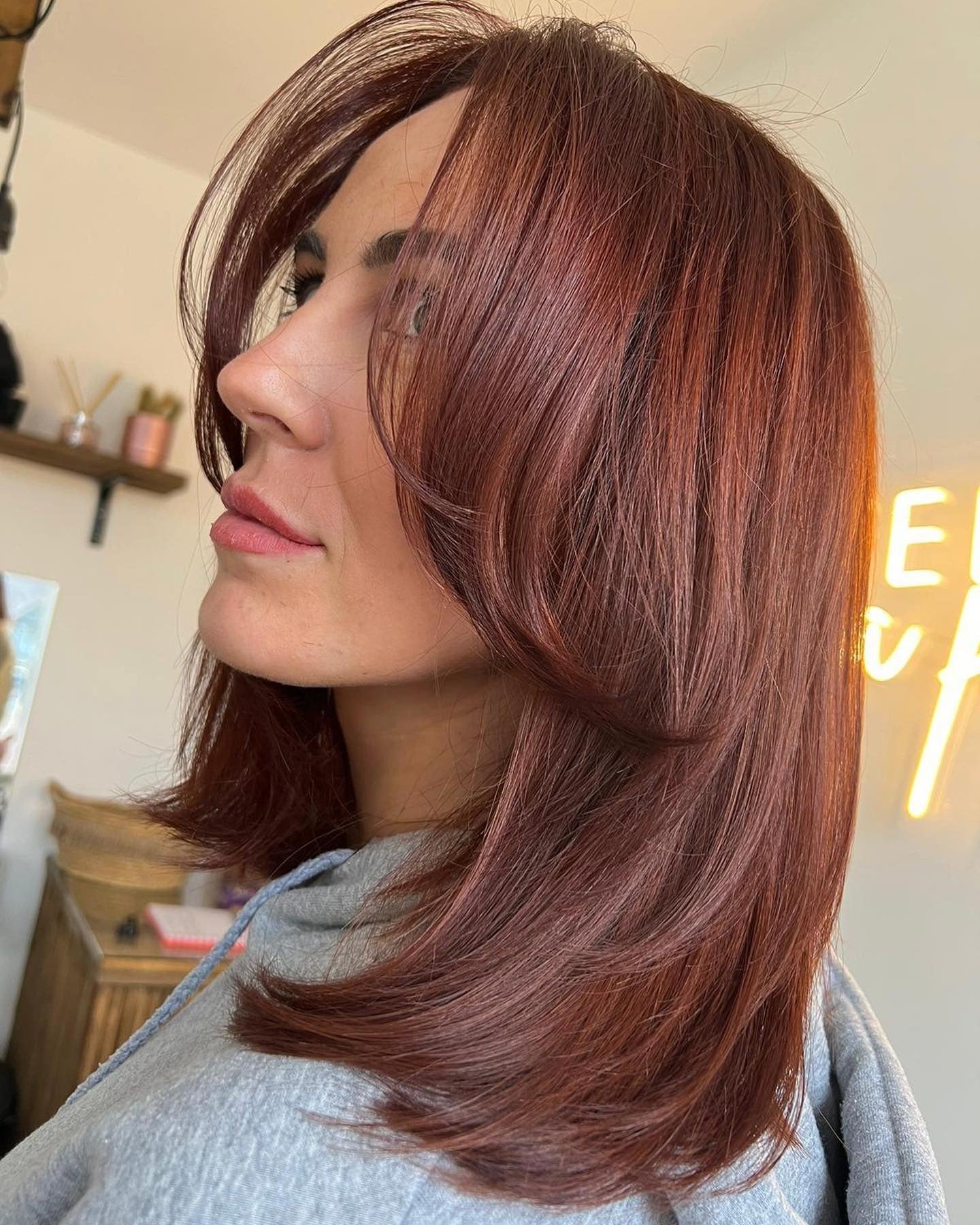 16. Silky Mahogany Chestnut Lob with Curtain Layers (Chestnut Hair Color)