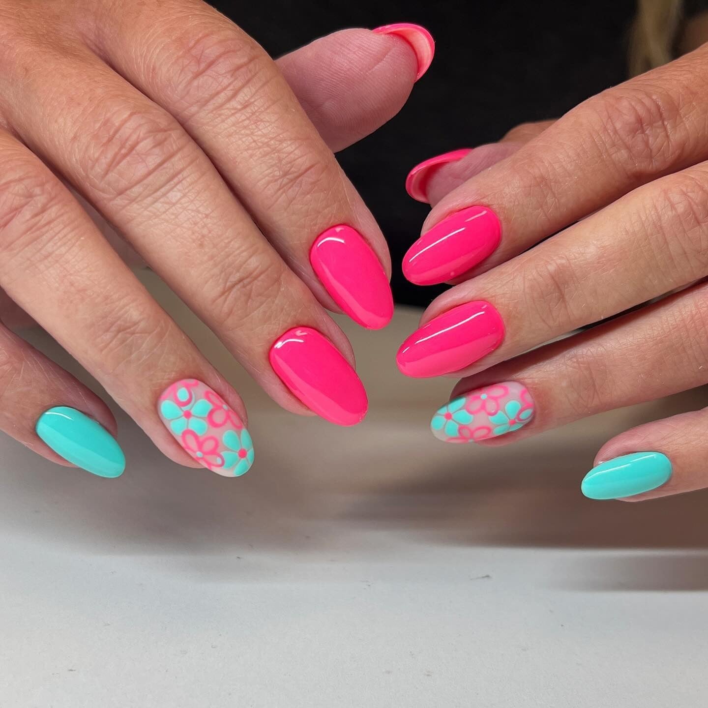 4. Candy Pink Meets Aqua Florals (Flower Nail Ideas)