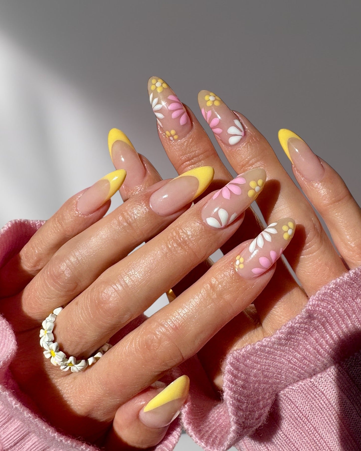 11. Sunshine Petals and Lemon French Tips (Flower Nail Ideas)