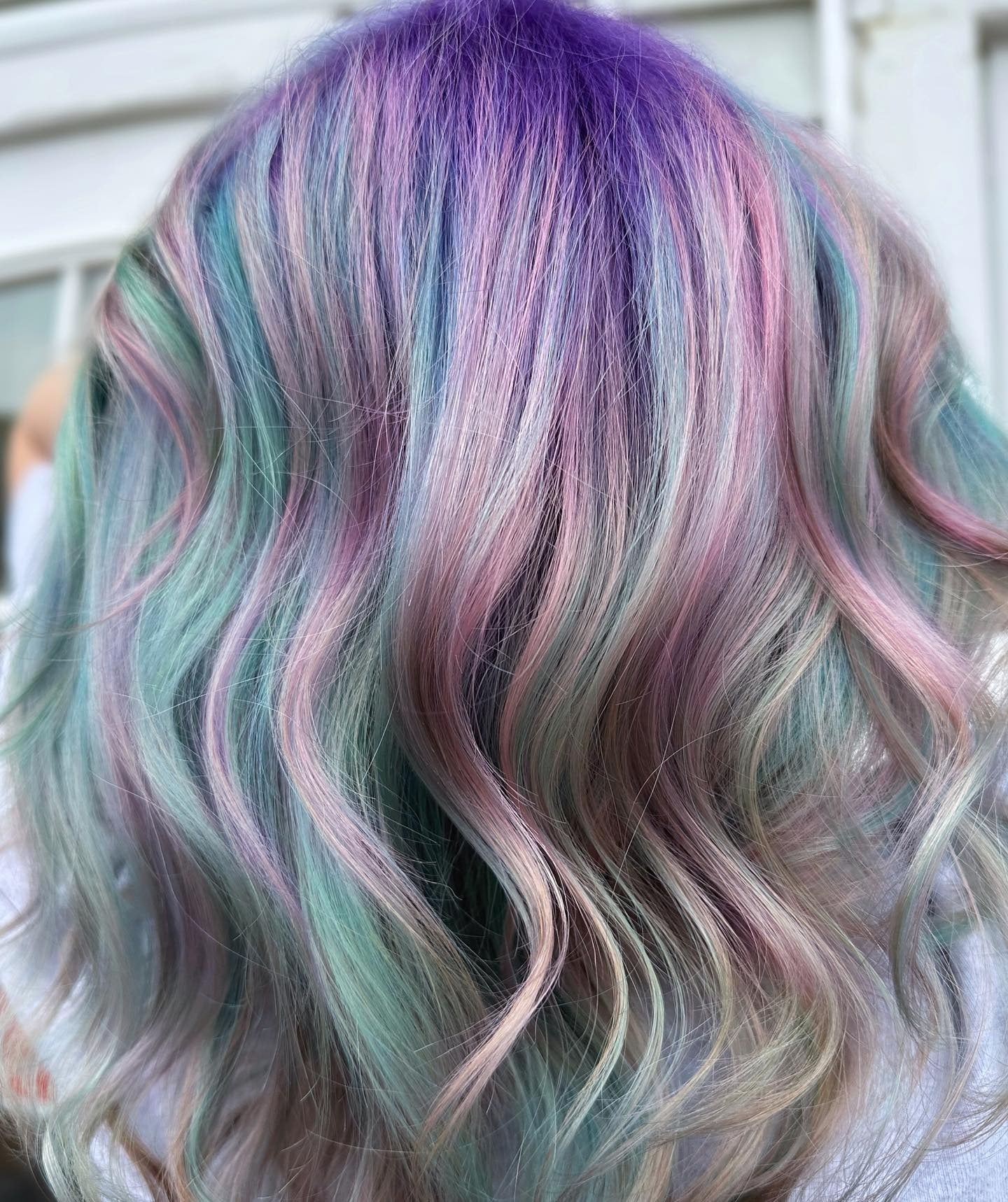 9. Violet Roots with Pastel Green and Pink Streaks (Pastel Hair Colors)