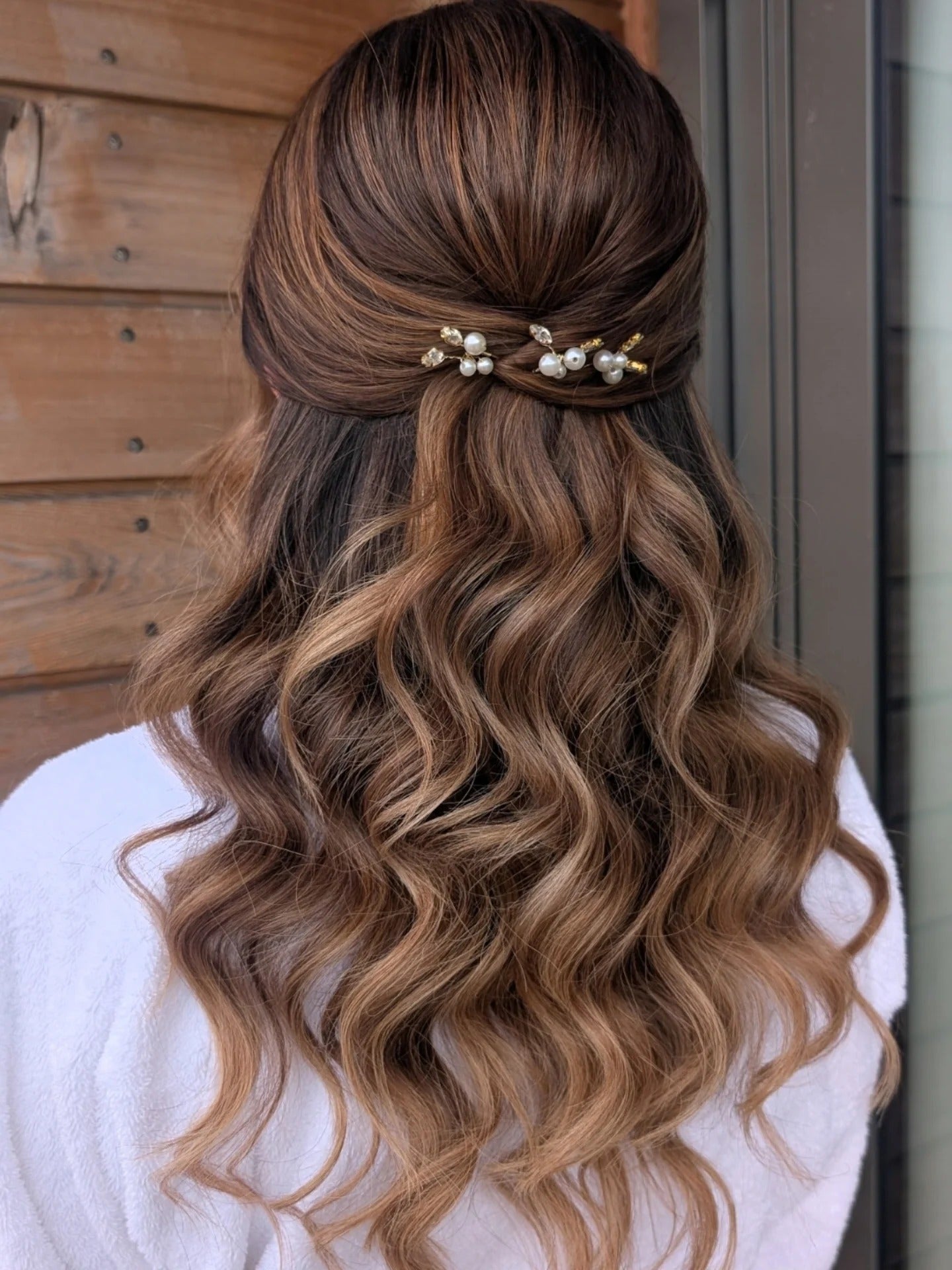 7. Half-Up Waves with Pearl Accents (Bride Hairstyles)