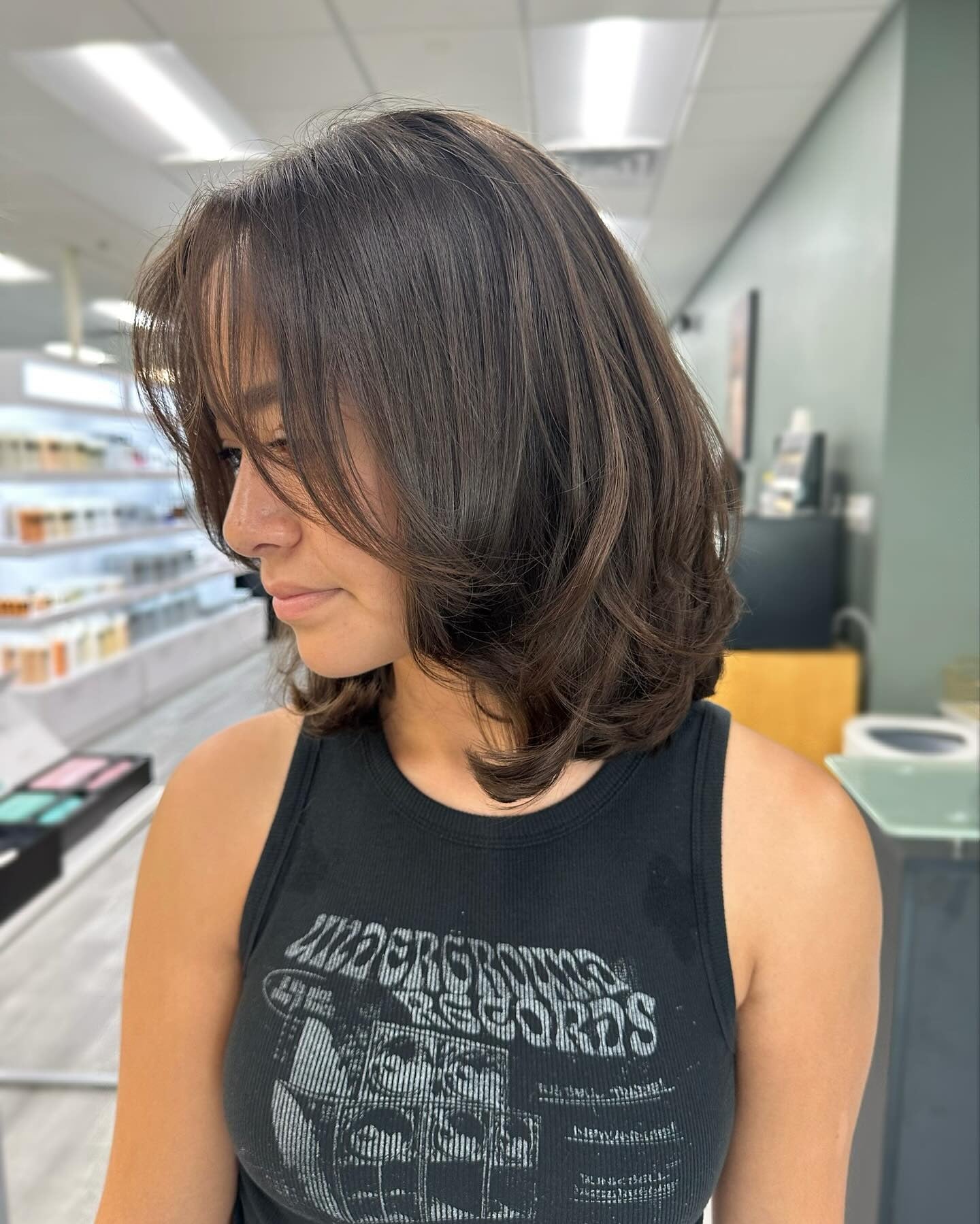 11. Layered Blowout with Curtain Fringe in Mocha Brown (Short Layered Haircuts)