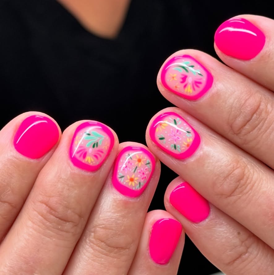 3. Hot Pink Framed Florals (Cute Nail Ideas for Short Nails)