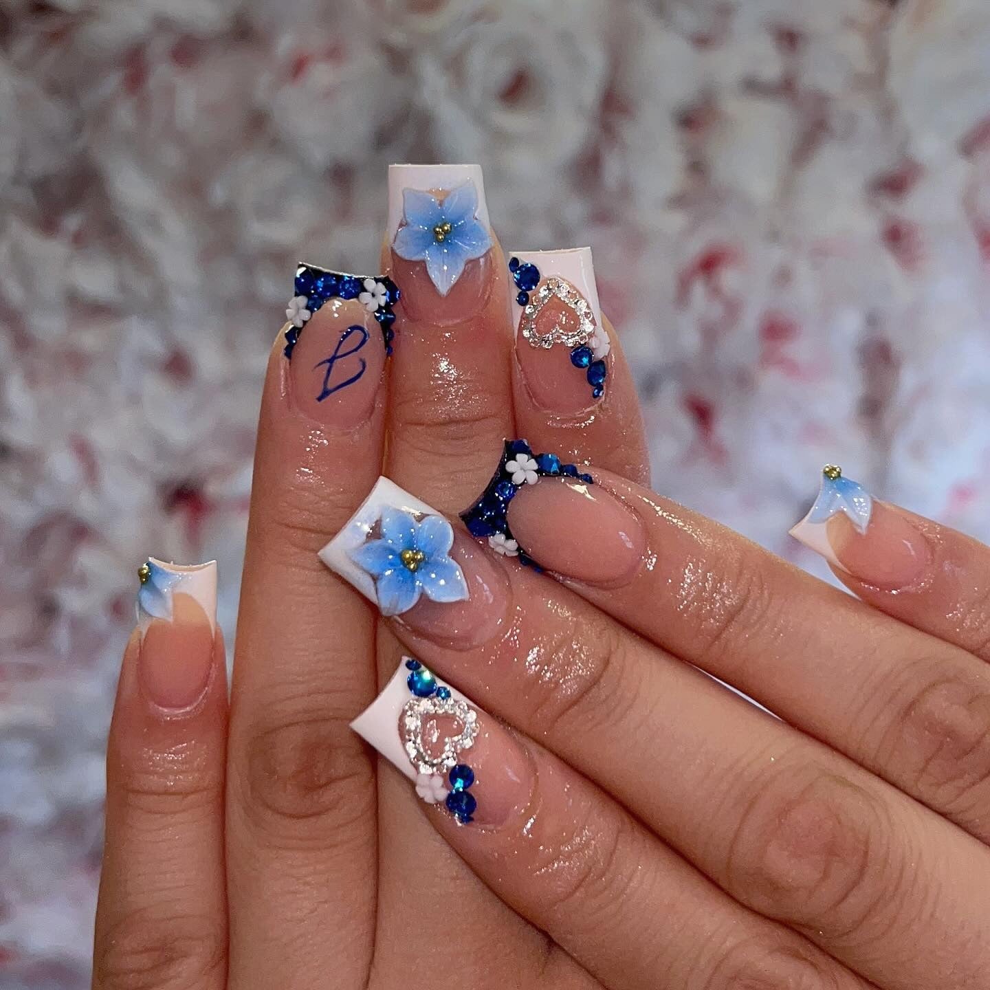 5. Royal Blue 3D Florals with French Tips (Cute Nail Ideas for Short Nails)
