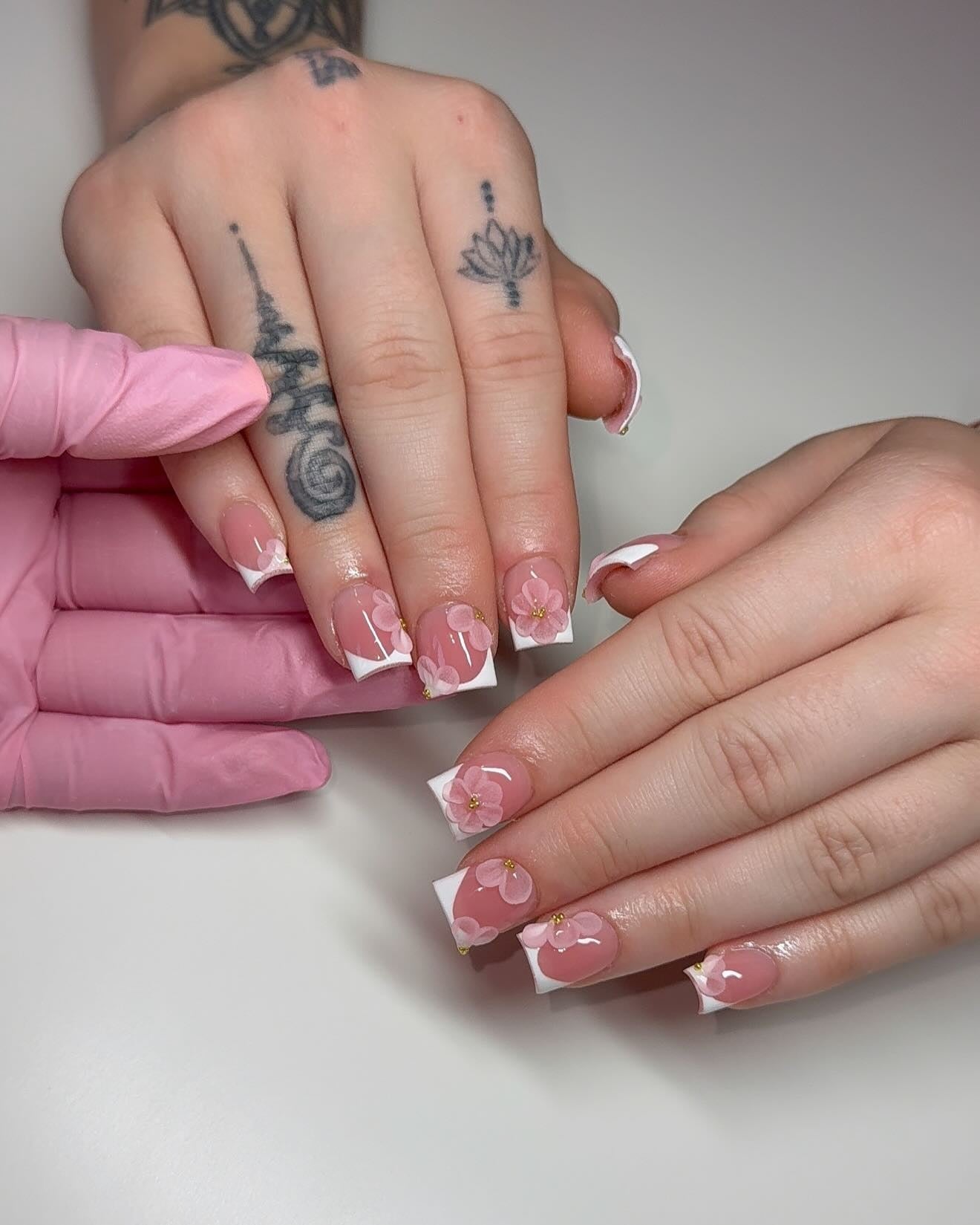 6. Pink Blossoms on French Squares (Cute Nail Ideas for Short Nails)