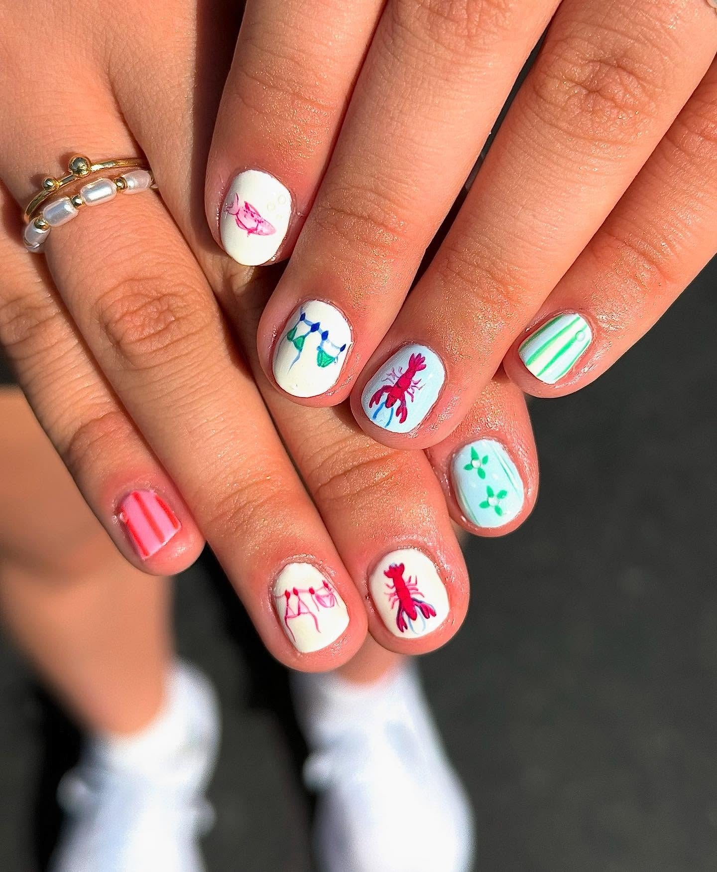 10. Seafood Picnic Art Nails (Cute Nail Ideas for Short Nails)