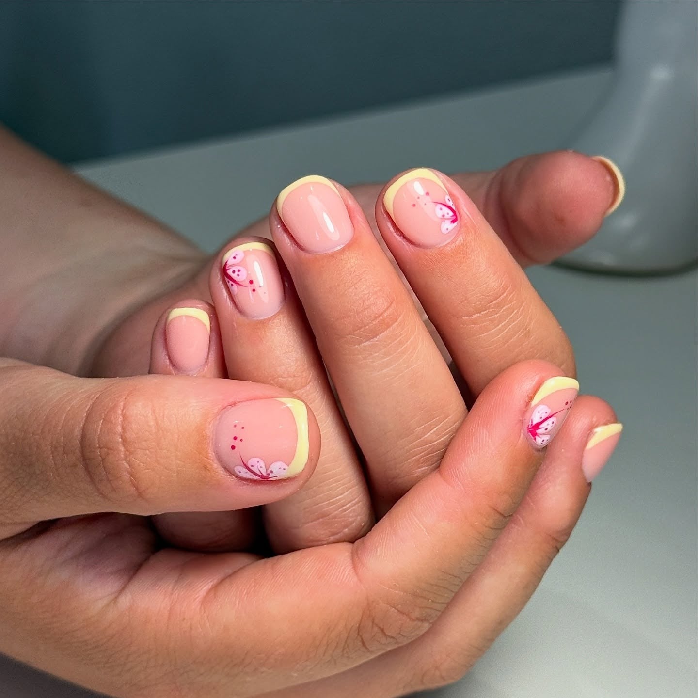 16. Lemon Edge French with Mini Butterflies (Cute Nail Ideas for Short Nails)