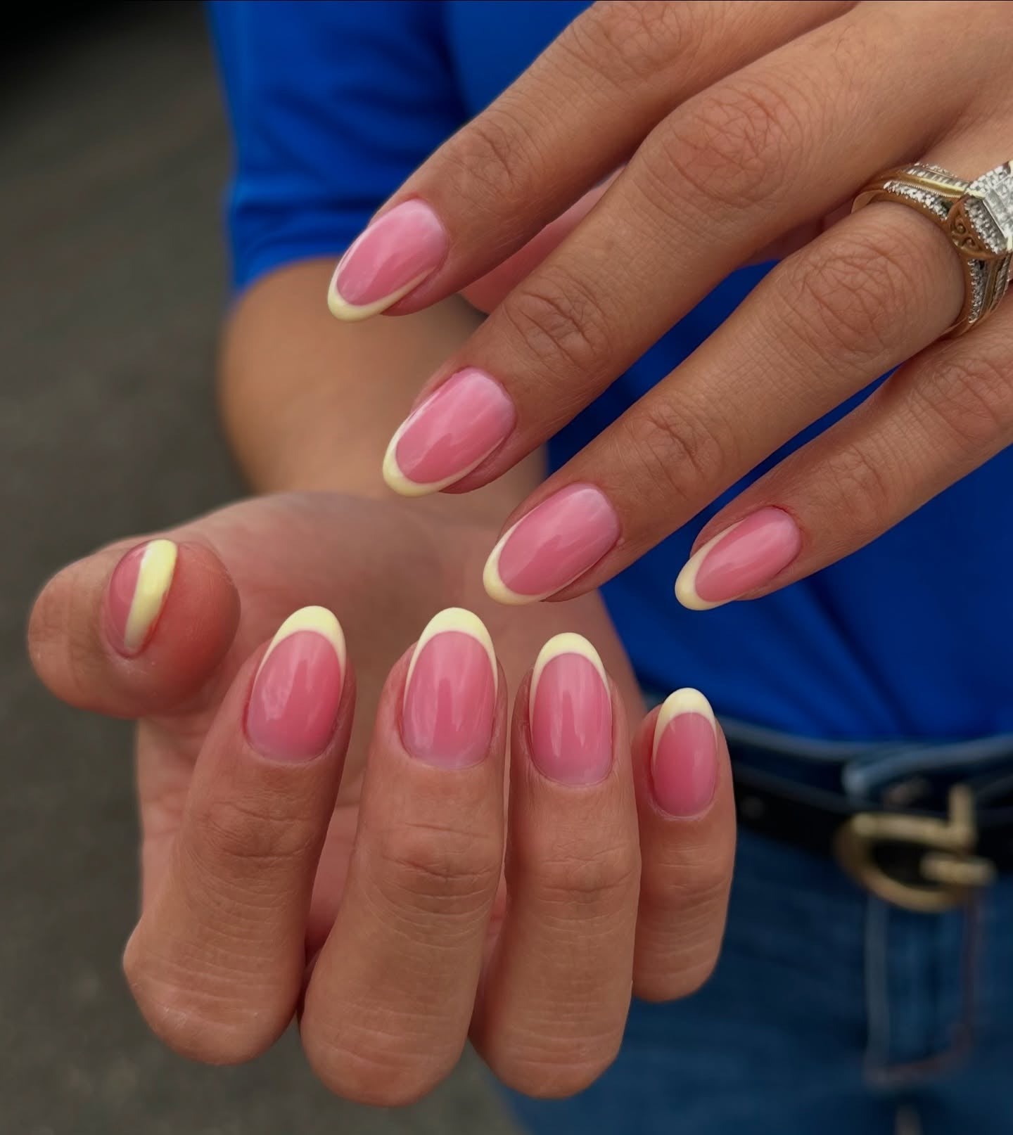 7. Glossy Rosy Yellow French (Yellow French Tip Nail Ideas)