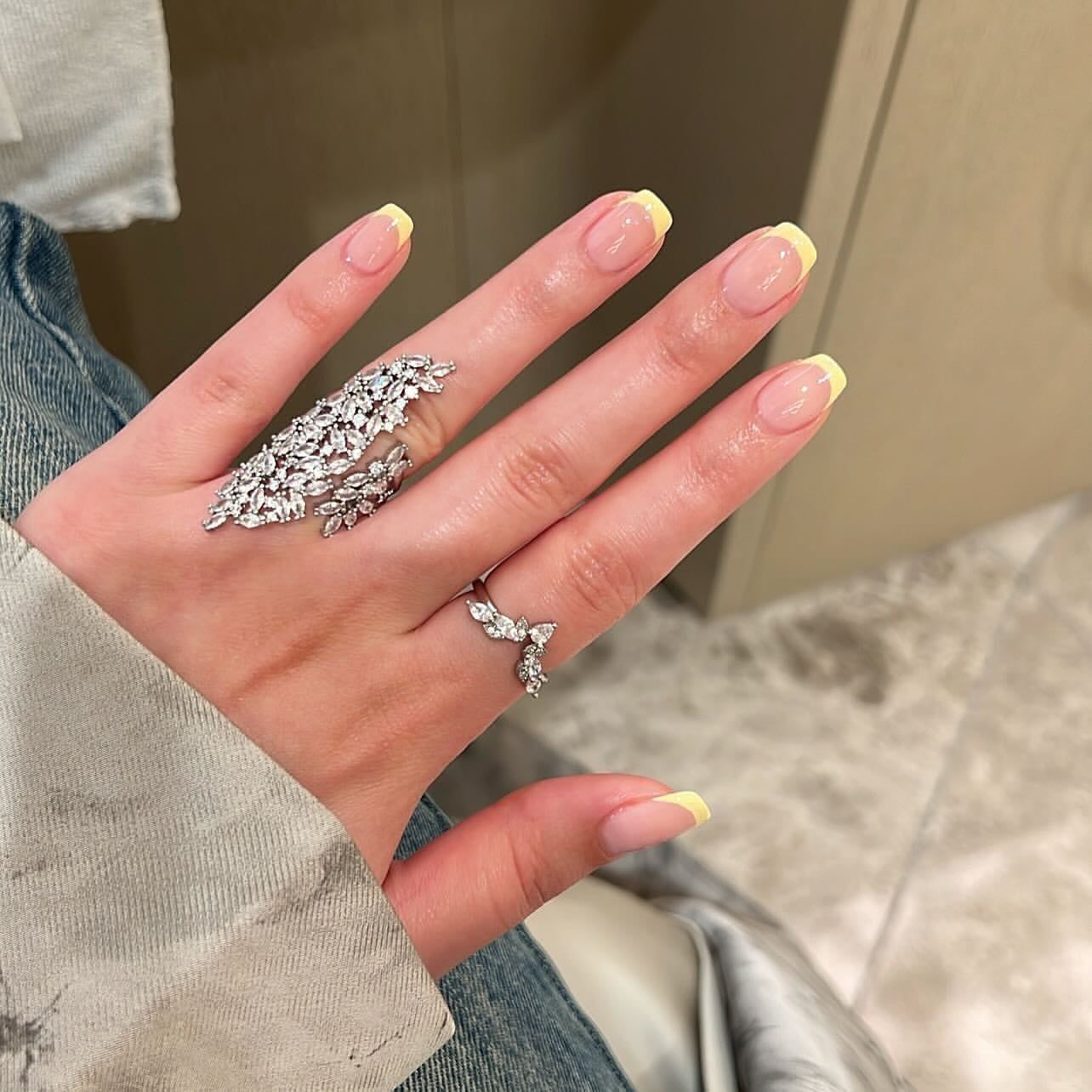 9. Clean Cut Square Yellow French (Yellow French Tip Nail Ideas)