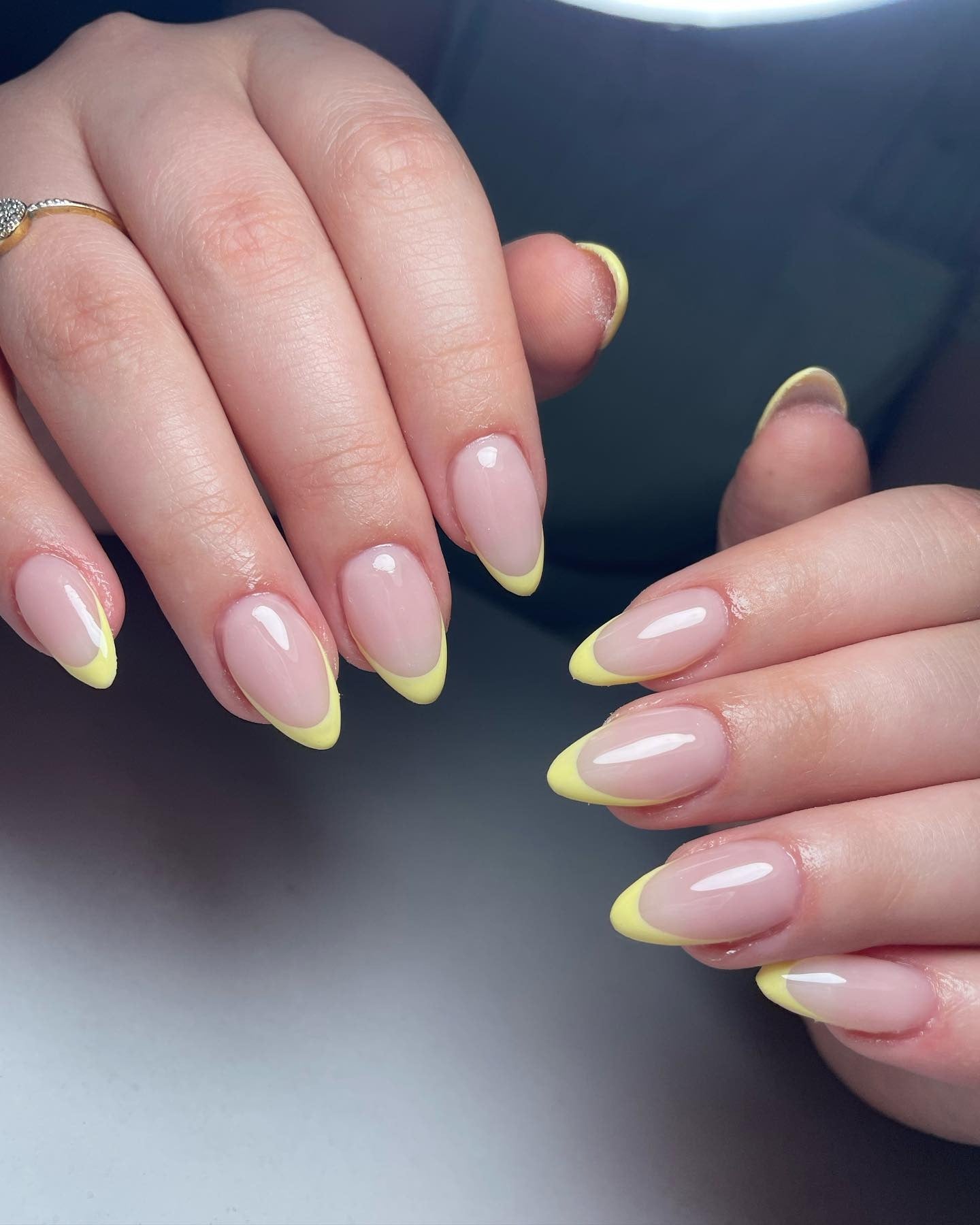 11. Almond Lemon French Gloss (Yellow French Tip Nail Ideas)