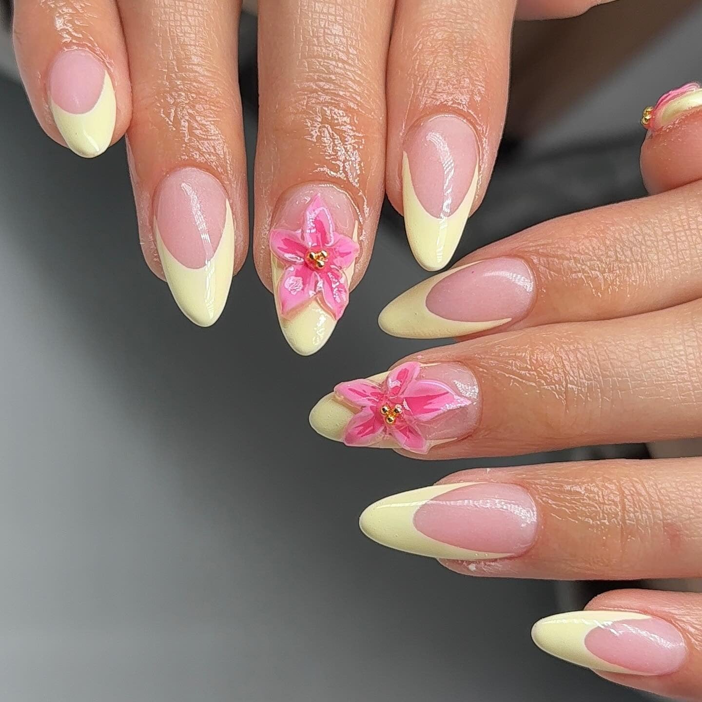 12. 3D Floral Yellow French (Yellow French Tip Nail Ideas)