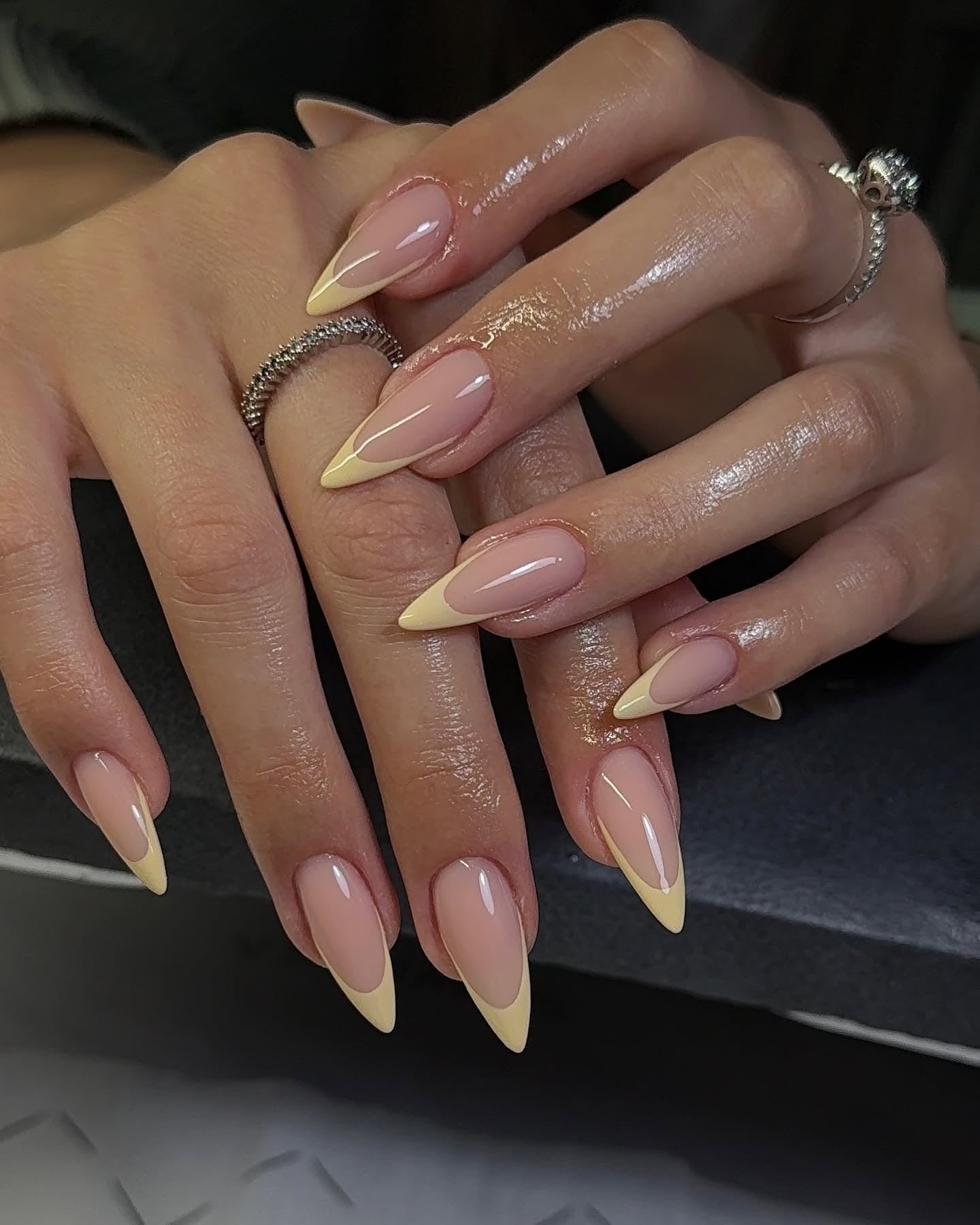 16. Sharp Stiletto Yellow Tips (Yellow French Tip Nail Ideas)