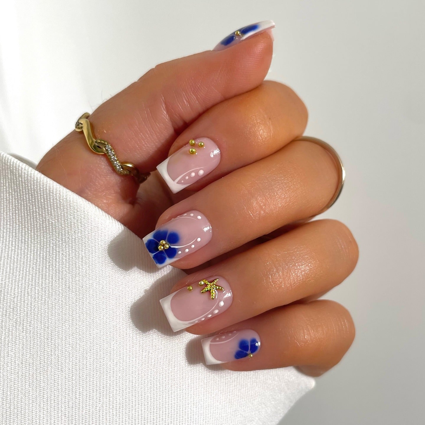 5. Blue Floral French Square Nails (Square Nail Ideas)
