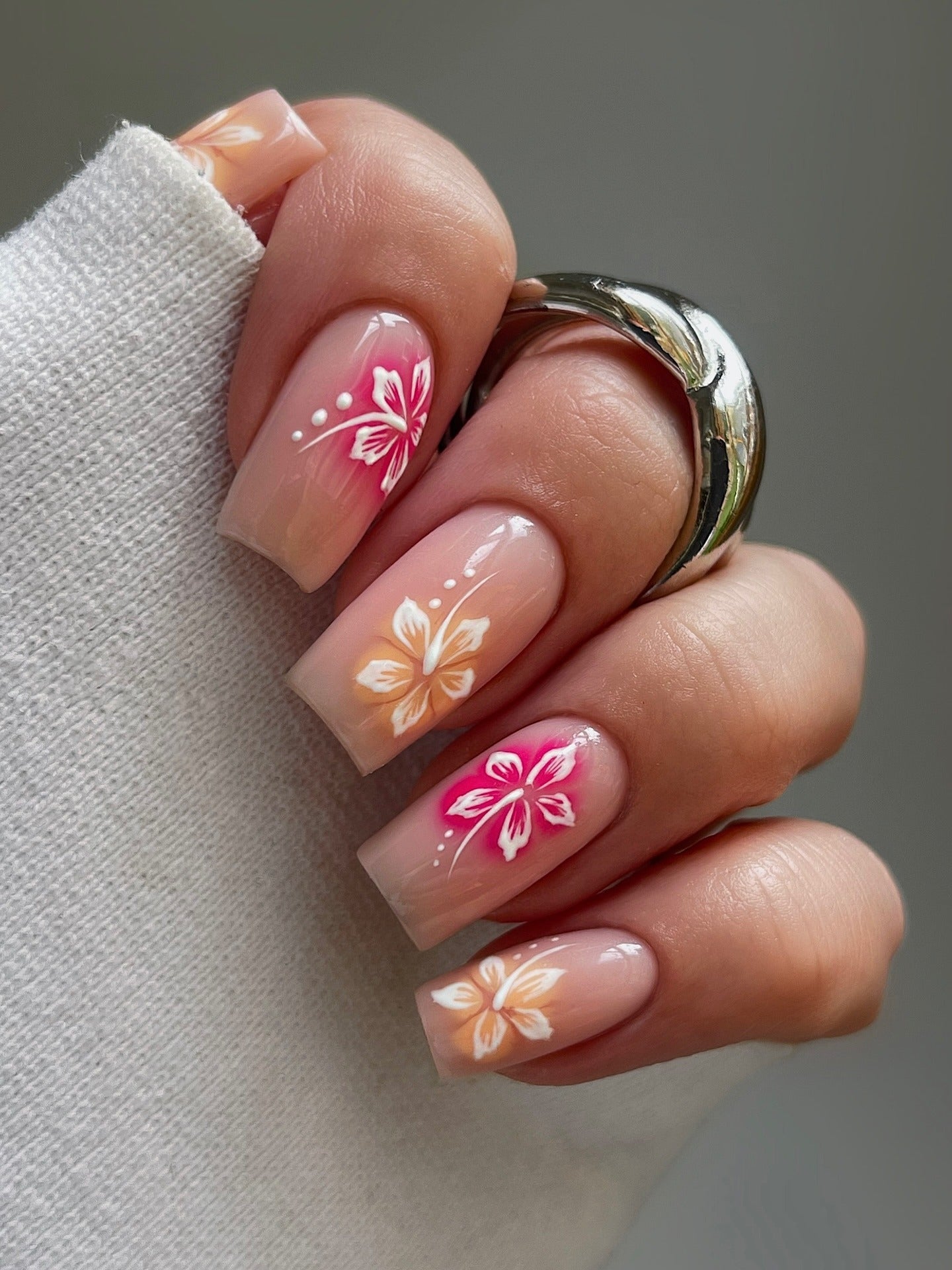 11. Tropical Blossom Square Nails (Square Nail Ideas)