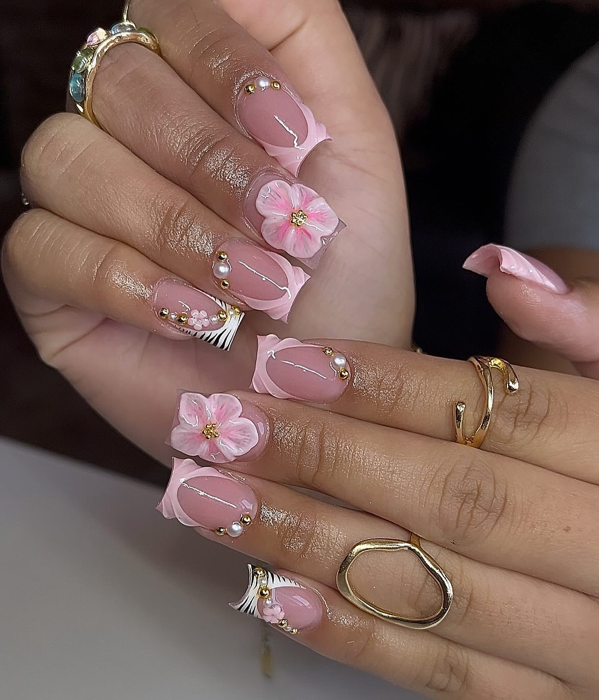 16. Pink Petal Square Nails with Pearls (Square Nail Ideas)