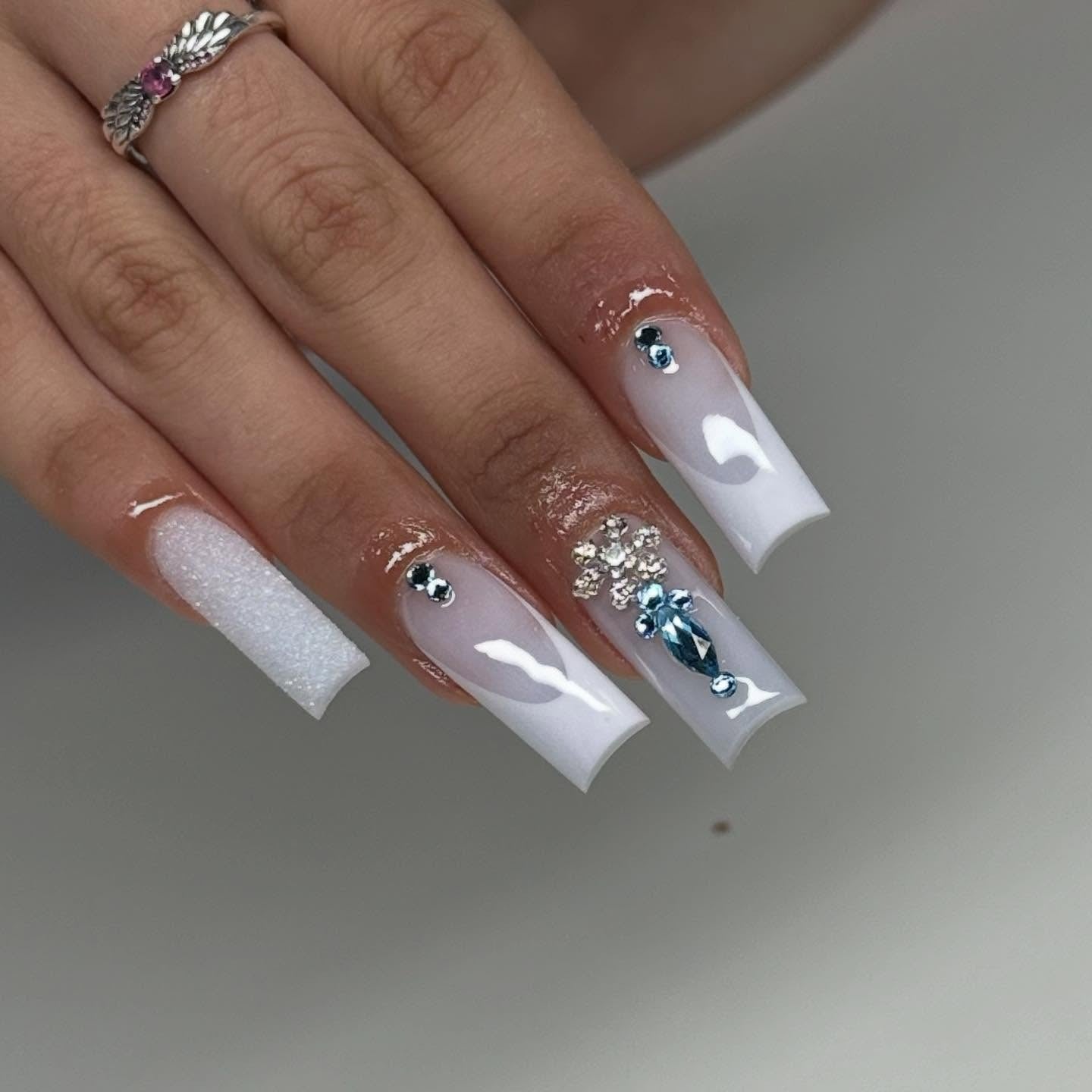 10. Ice Princess Crystal Coffin Nails (White Winter Nail Ideas)