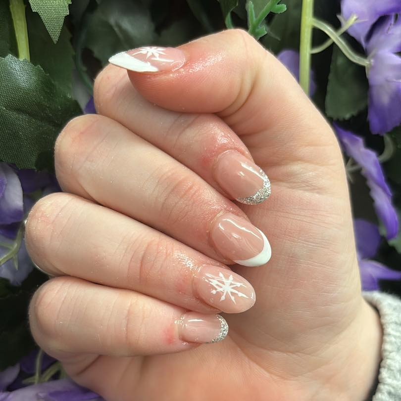 11. Silver Frost French Almond Nails (White Winter Nail Ideas)