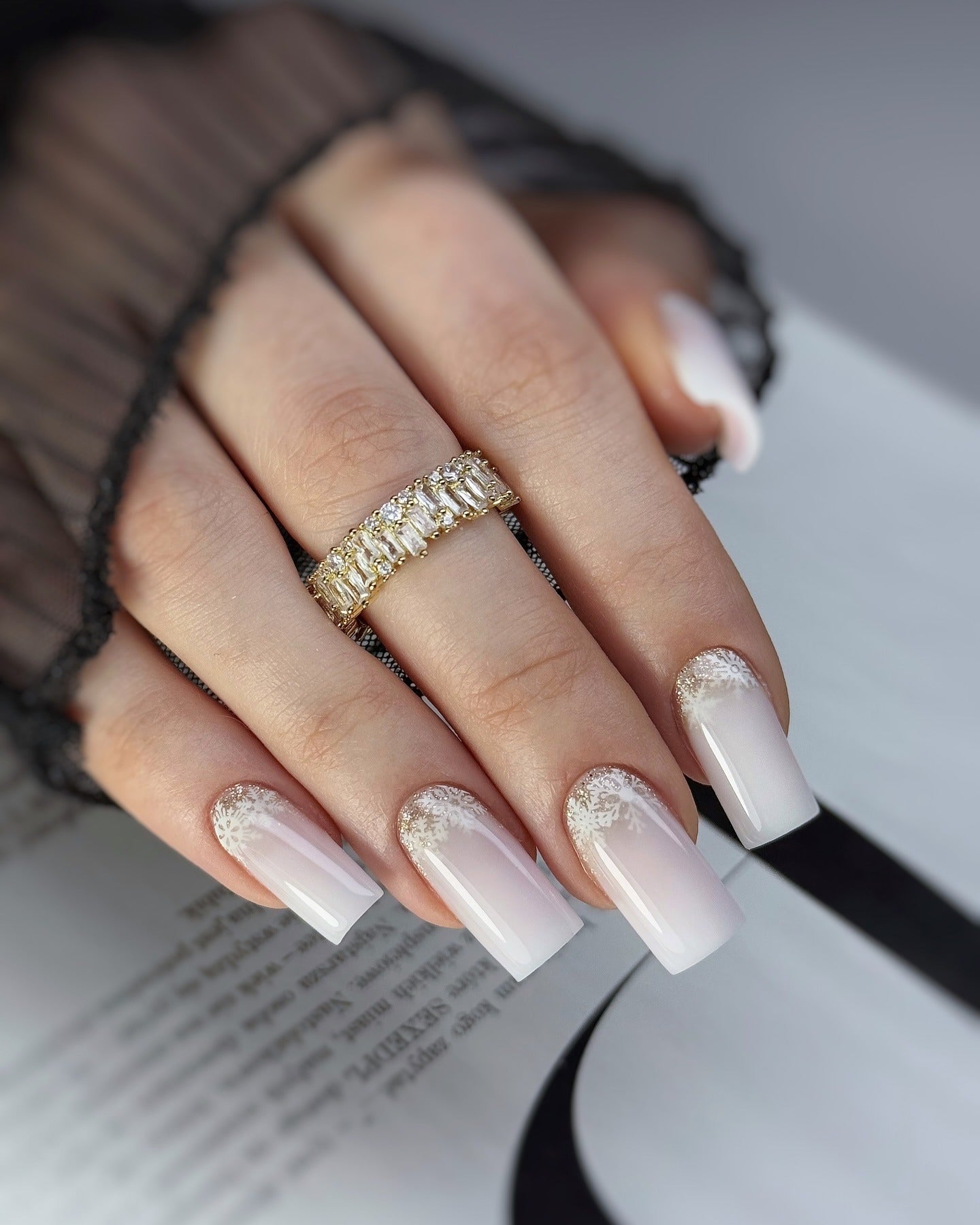 12. Snowflake Ombre Square Nails (White Winter Nail Ideas)