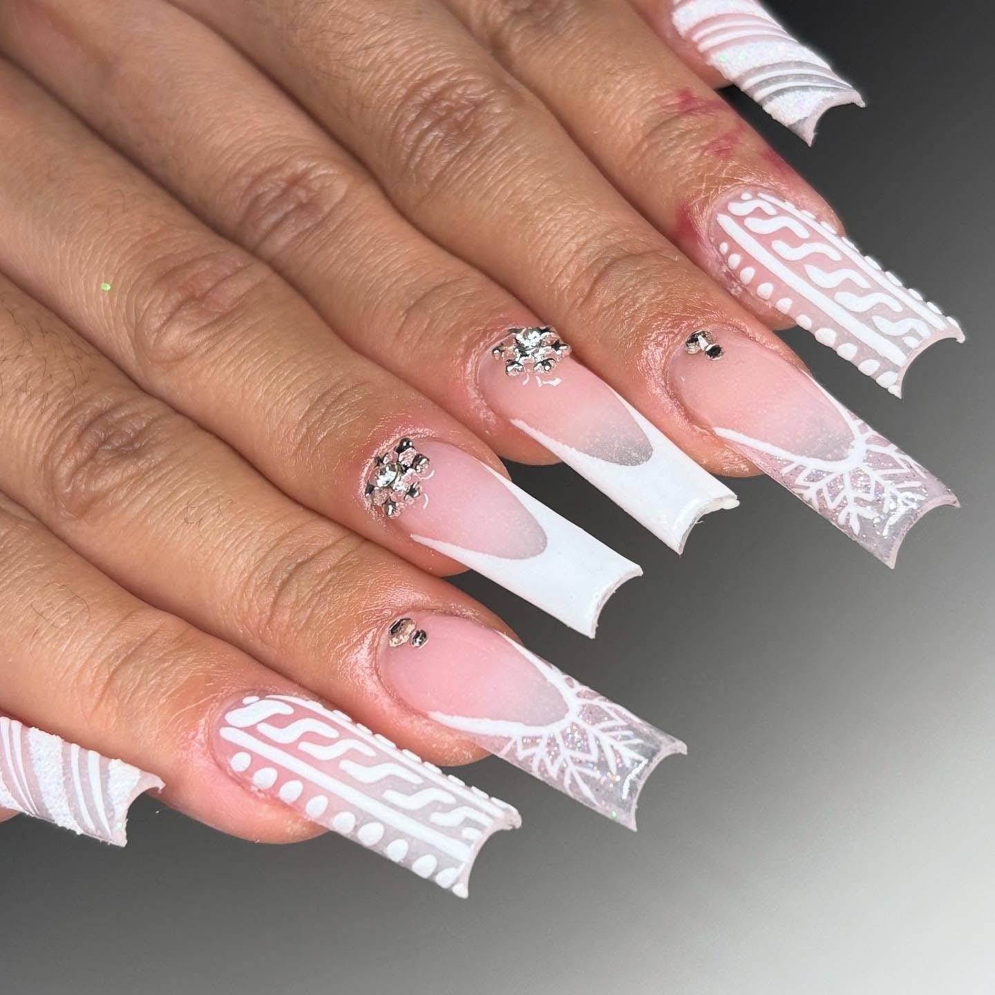 14. Winter Sweater and Snowflake Coffin Nails (White Winter Nail Ideas)