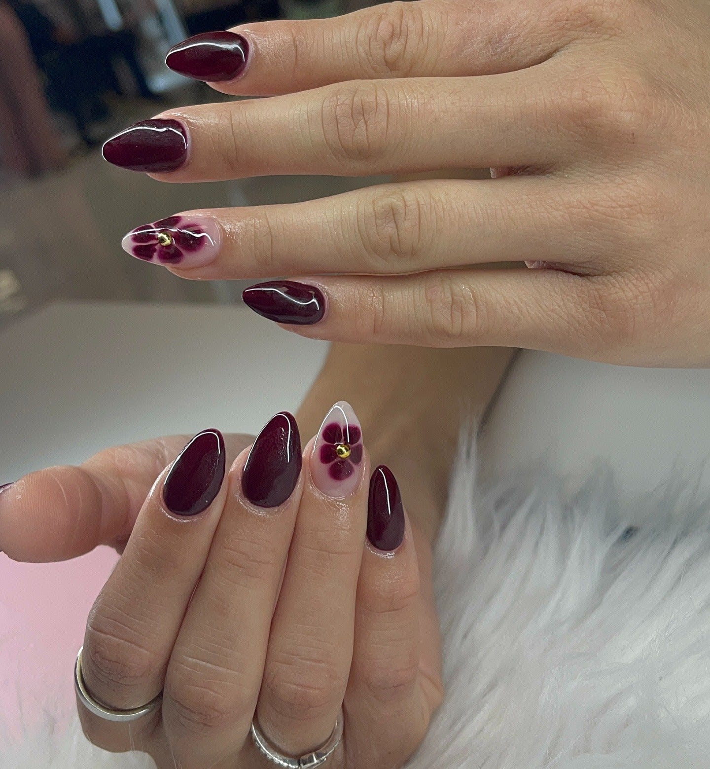 12. Deep Burgundy with Floral Accent (Classy Nail Ideas)